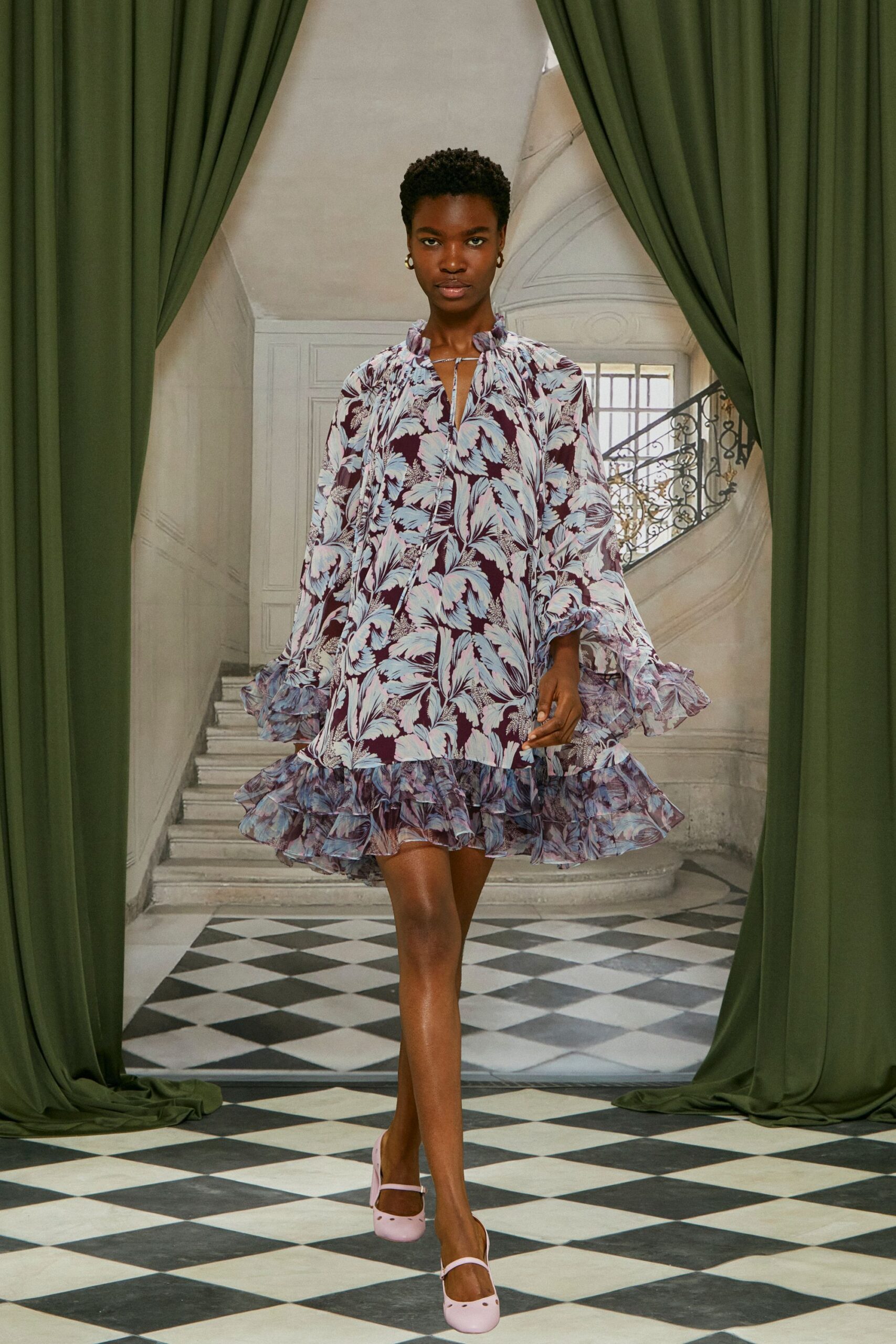 purple chiffon long-sleeve collared fitted ruffled flared dress