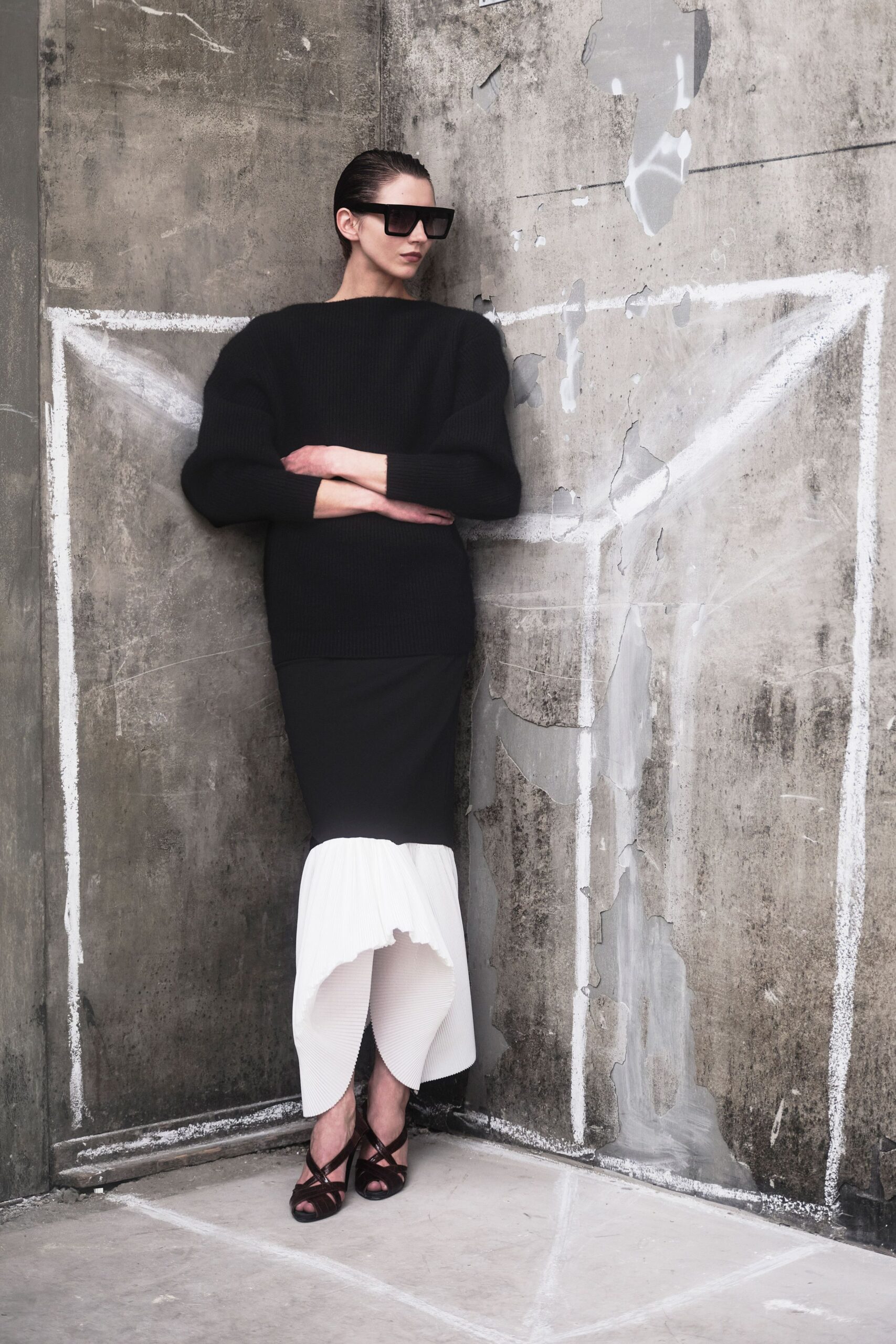 black and white pleated midi dress