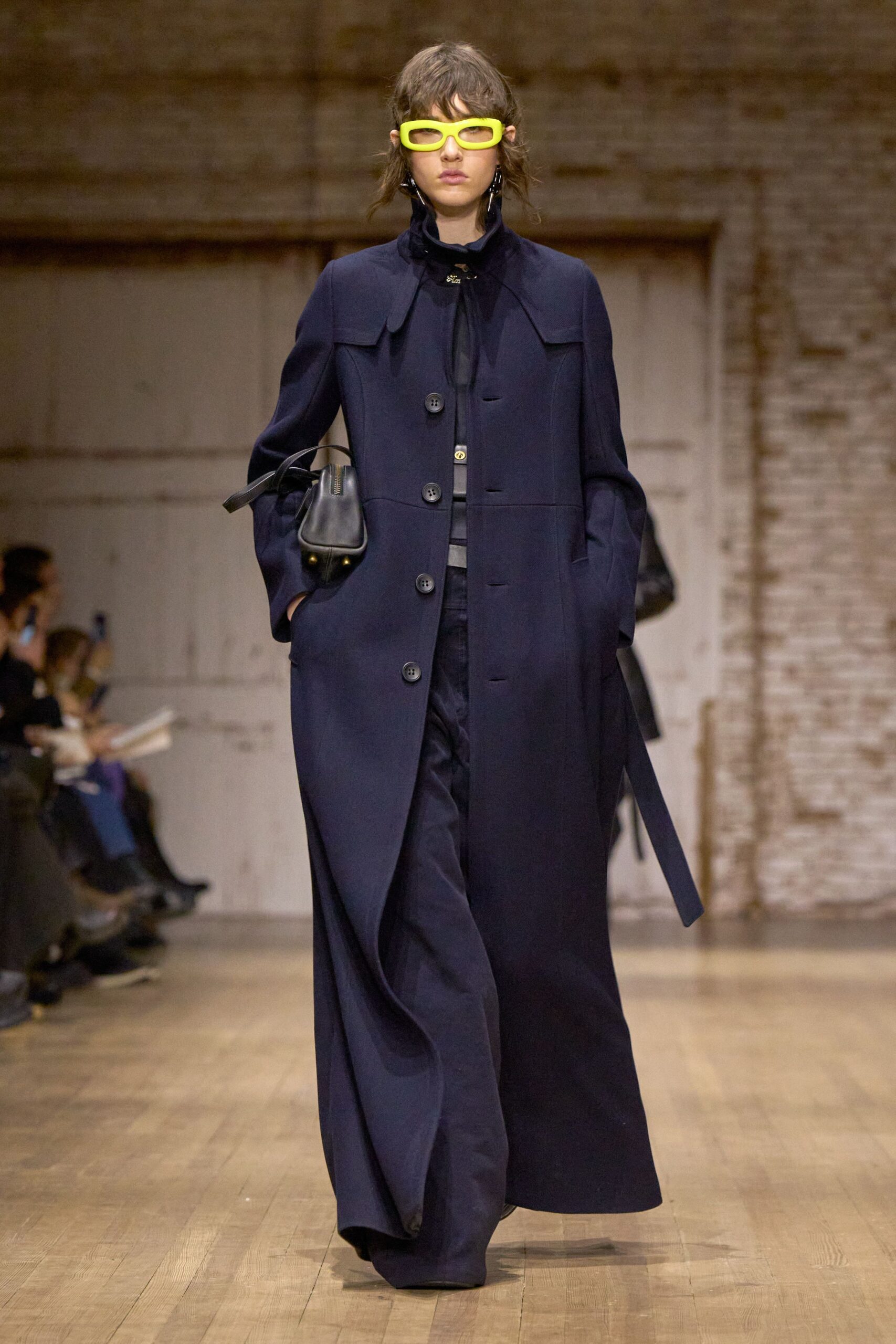 blue wool long-sleeve collared relaxed buttoned maxi coat