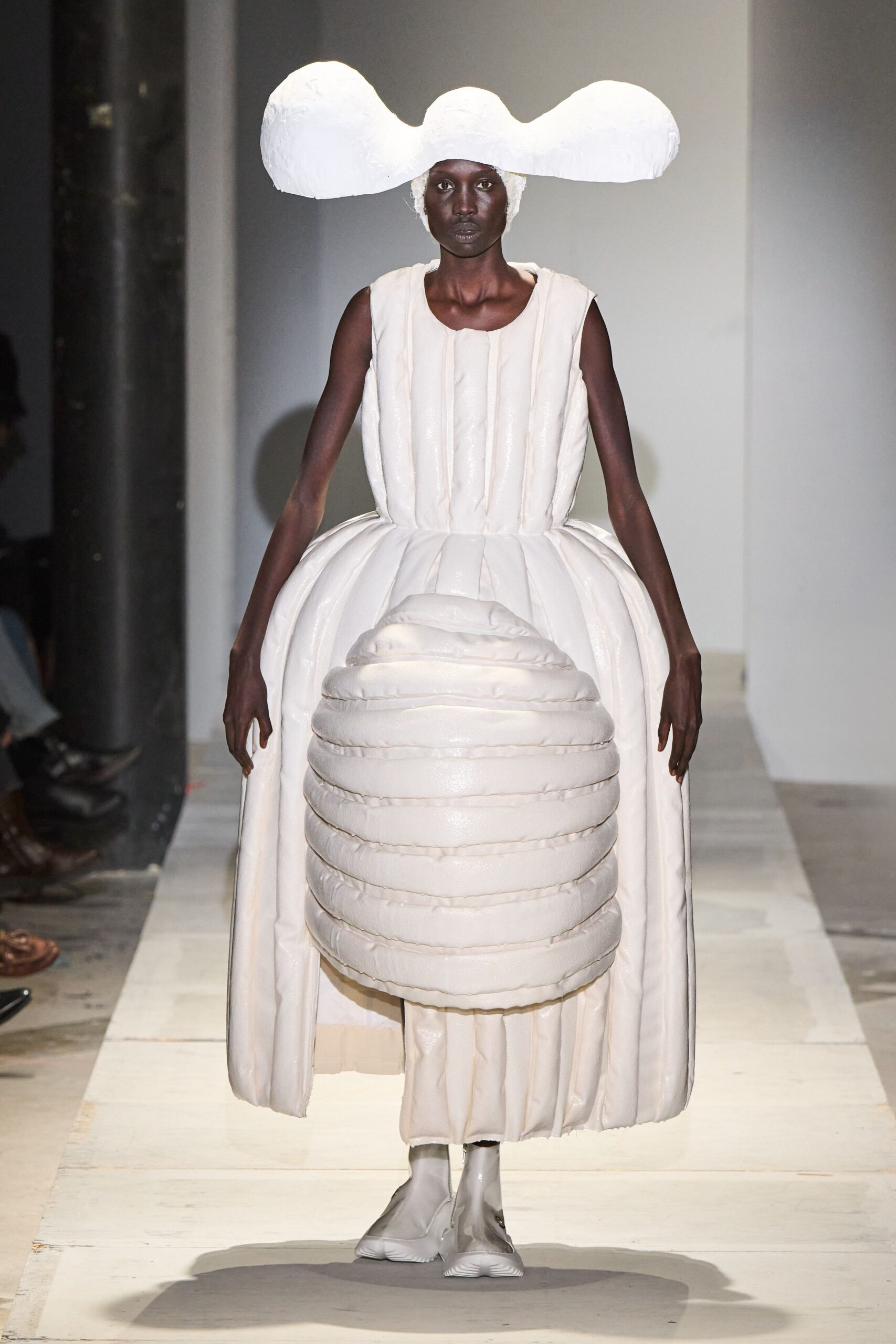 white cotton sleeveless high-neck structured pleated layered dress