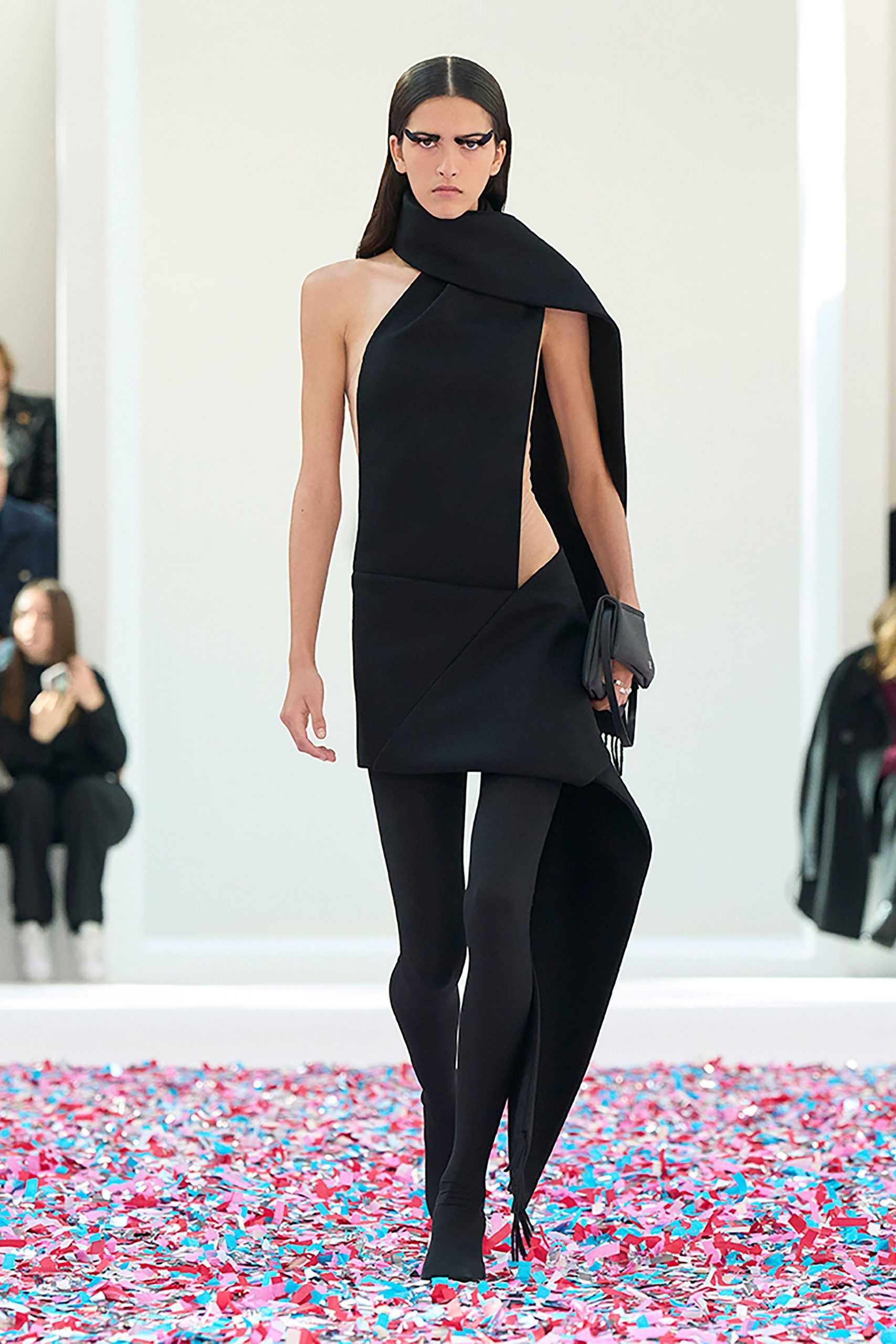 black cotton sleeveless asymmetric fitted draped mini dress