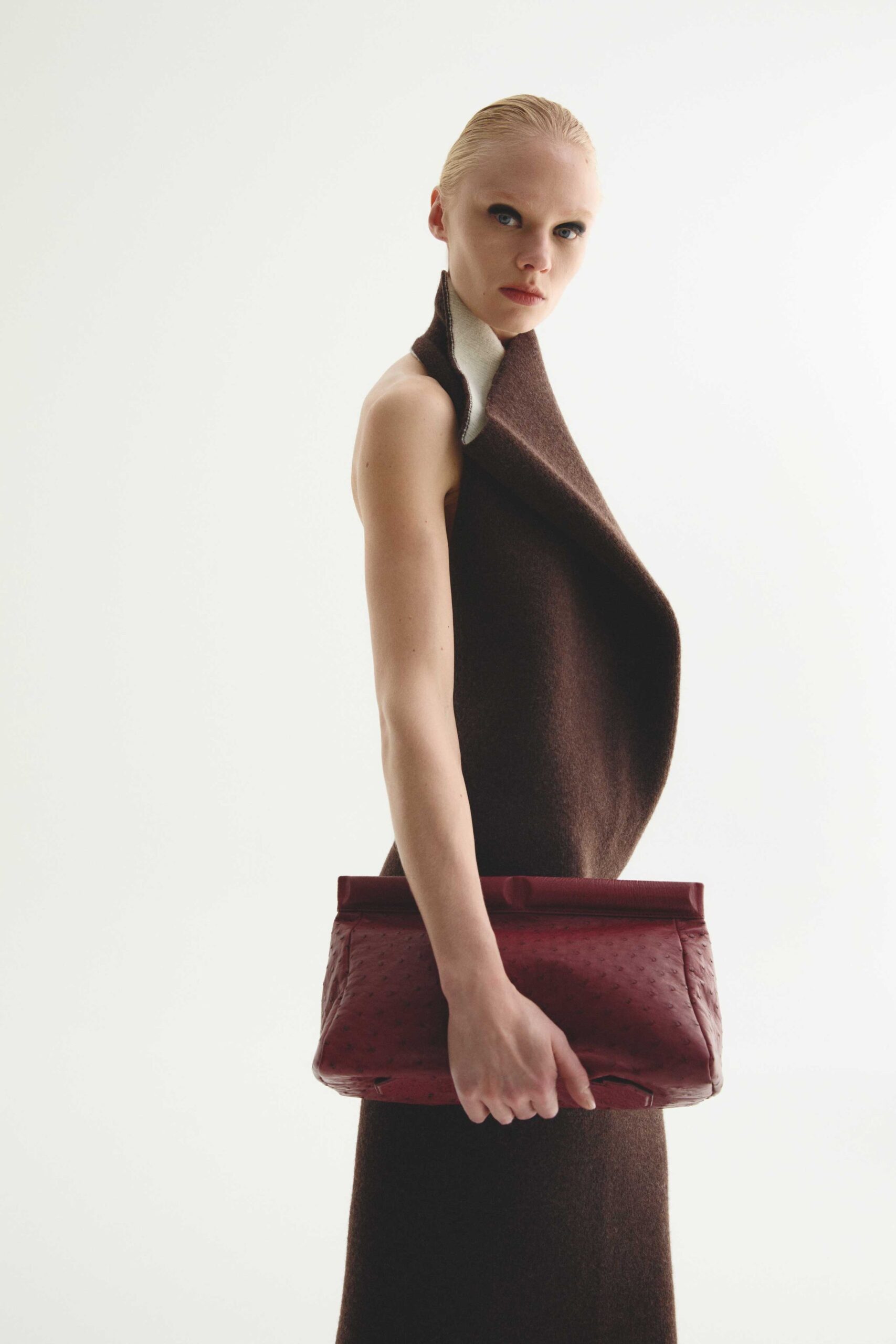 brown wool sleeveless high-neck fitted draped maxi dress