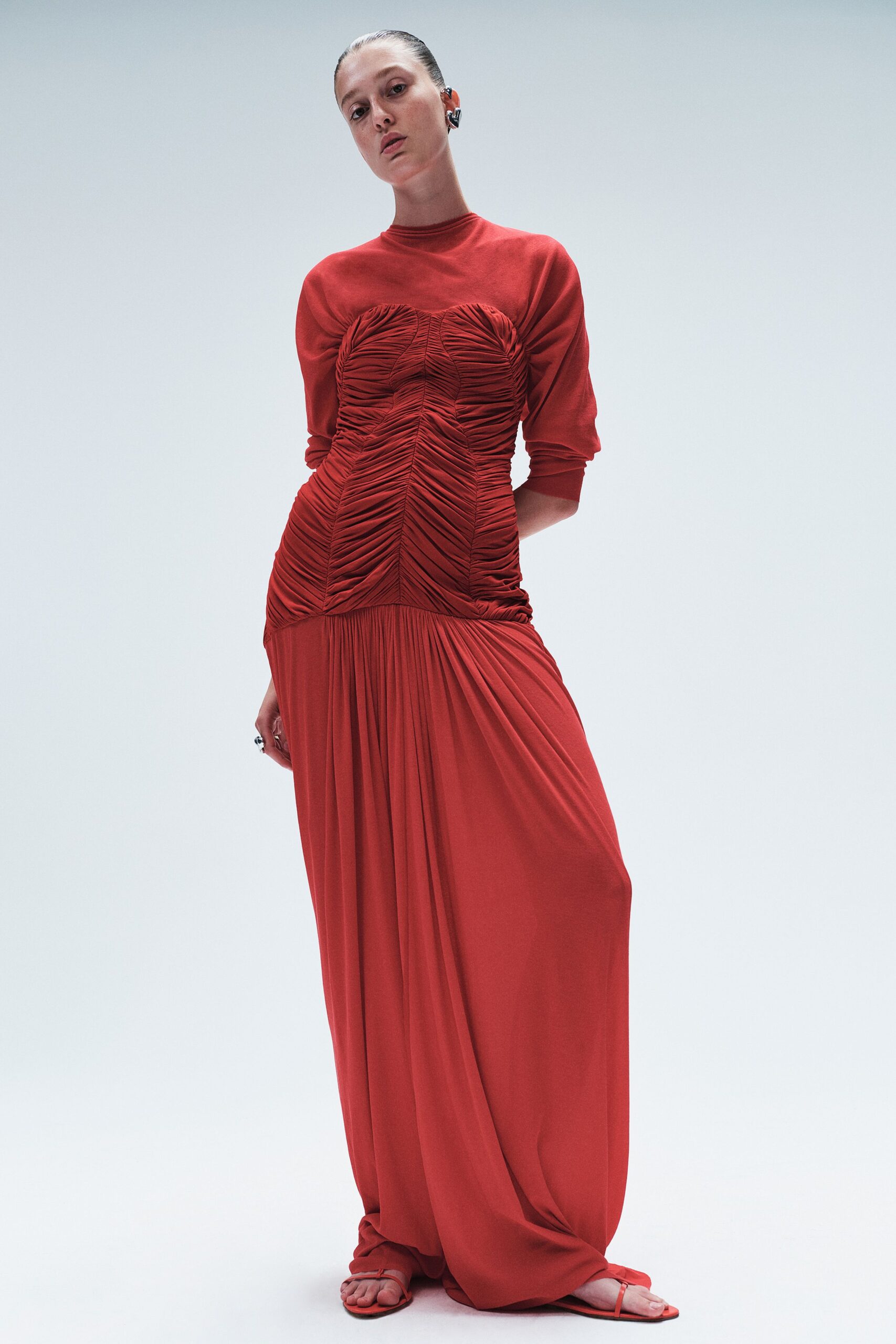 red cotton long-sleeve high-neck fitted ruched draped gown