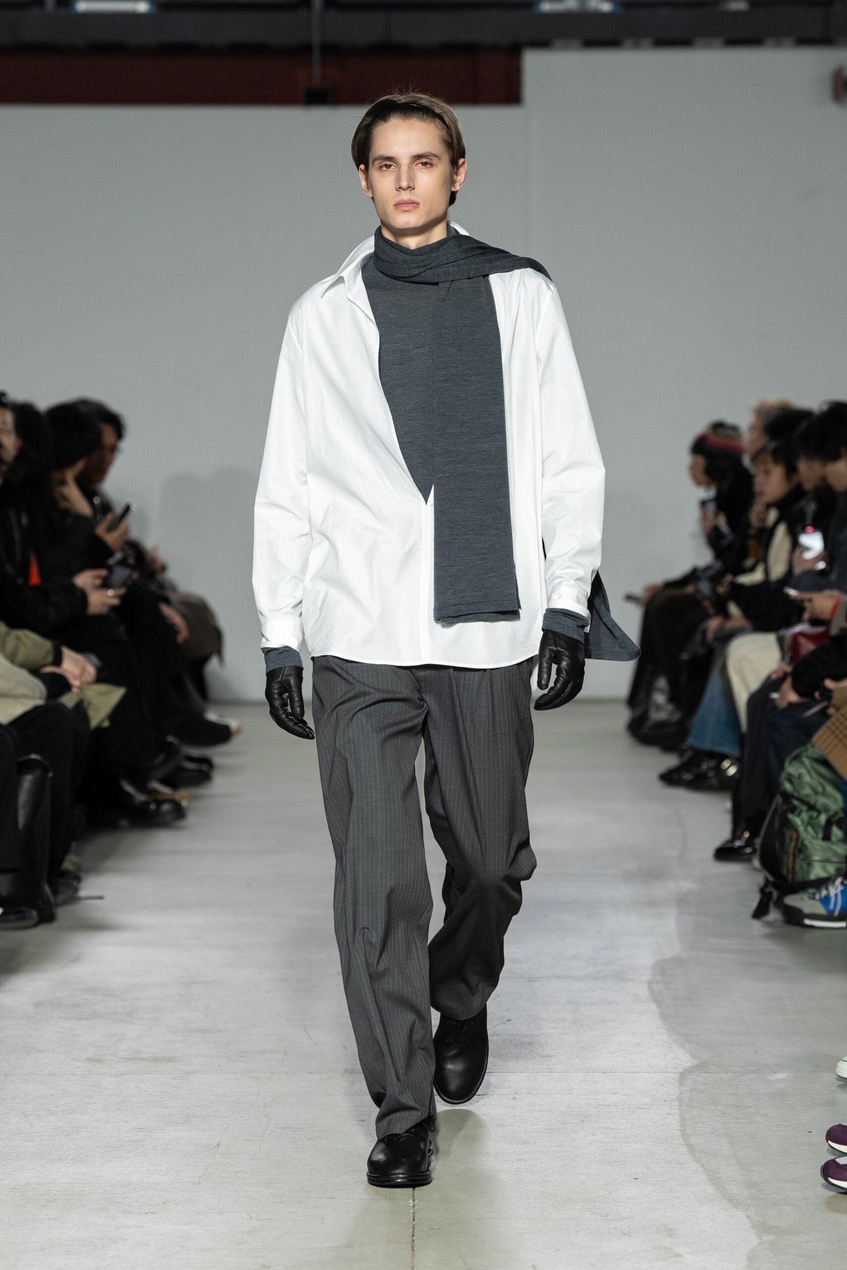 white shirt gray pants outfit
