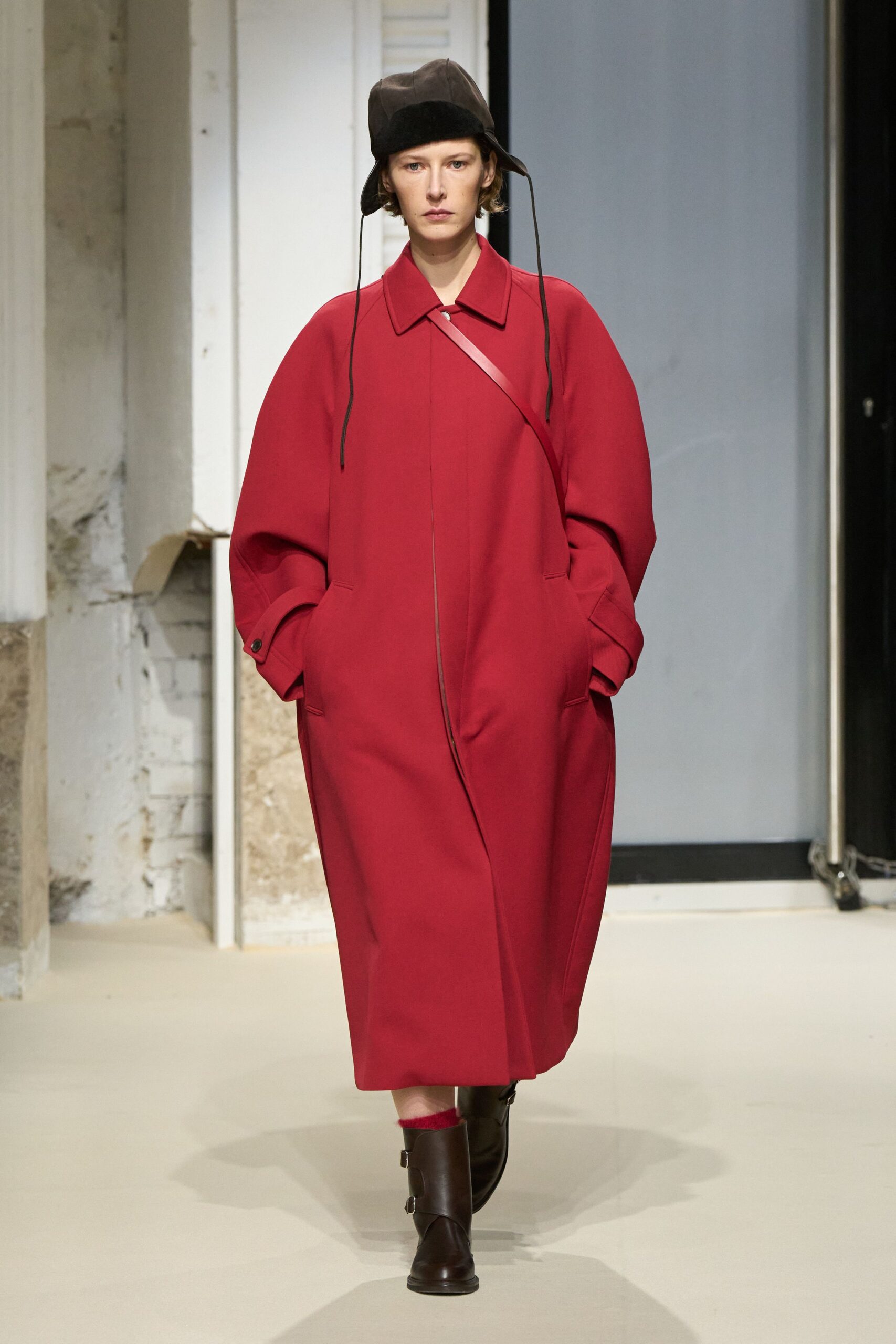 red wool long-sleeve collared oversized midi coat