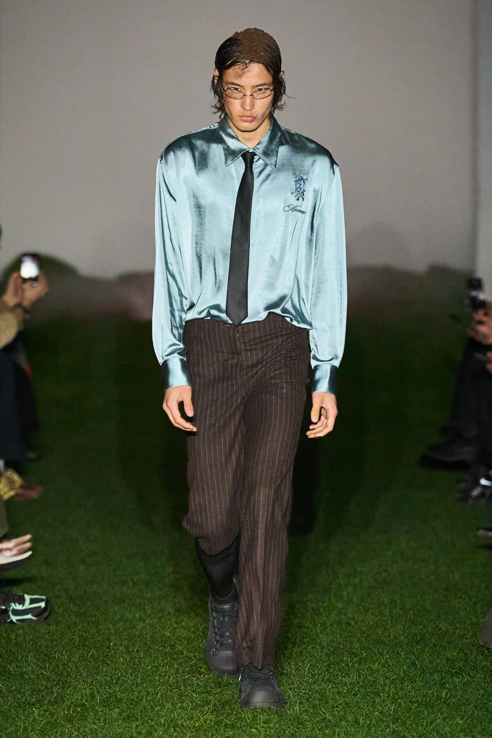 teal silk long-sleeve collared fitted shirt