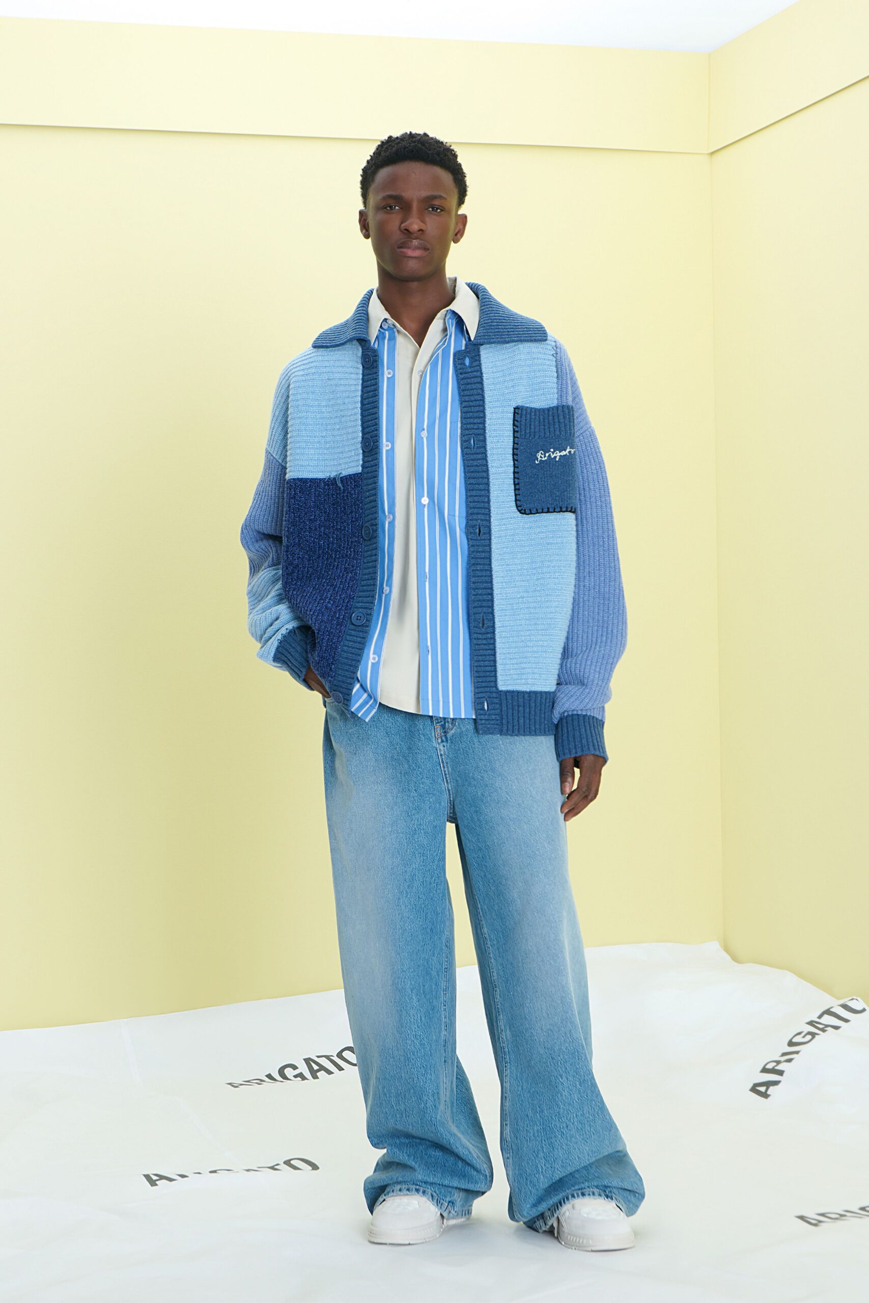 blue color-blocked jacket with relaxed pants