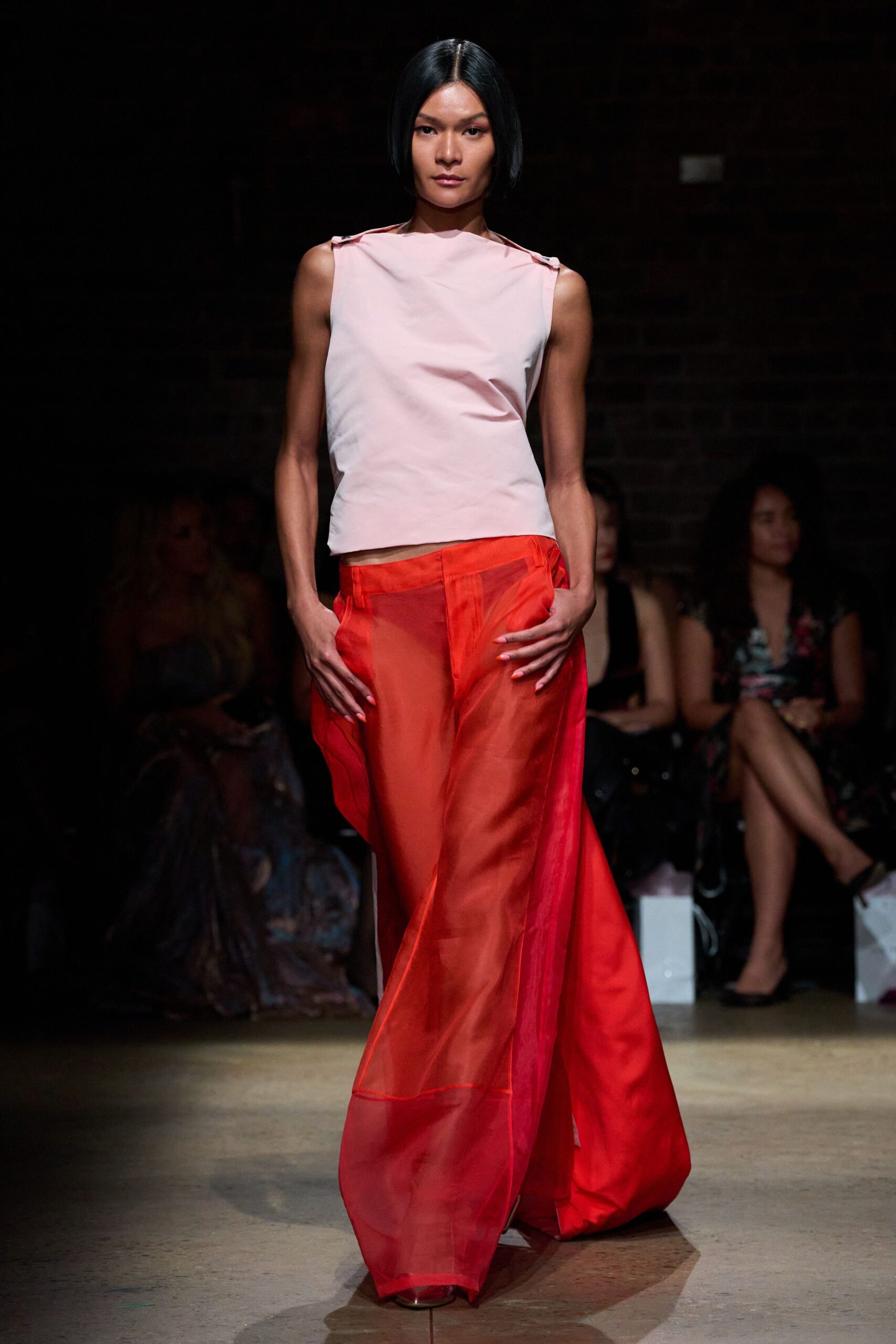 pink top red chiffon pants