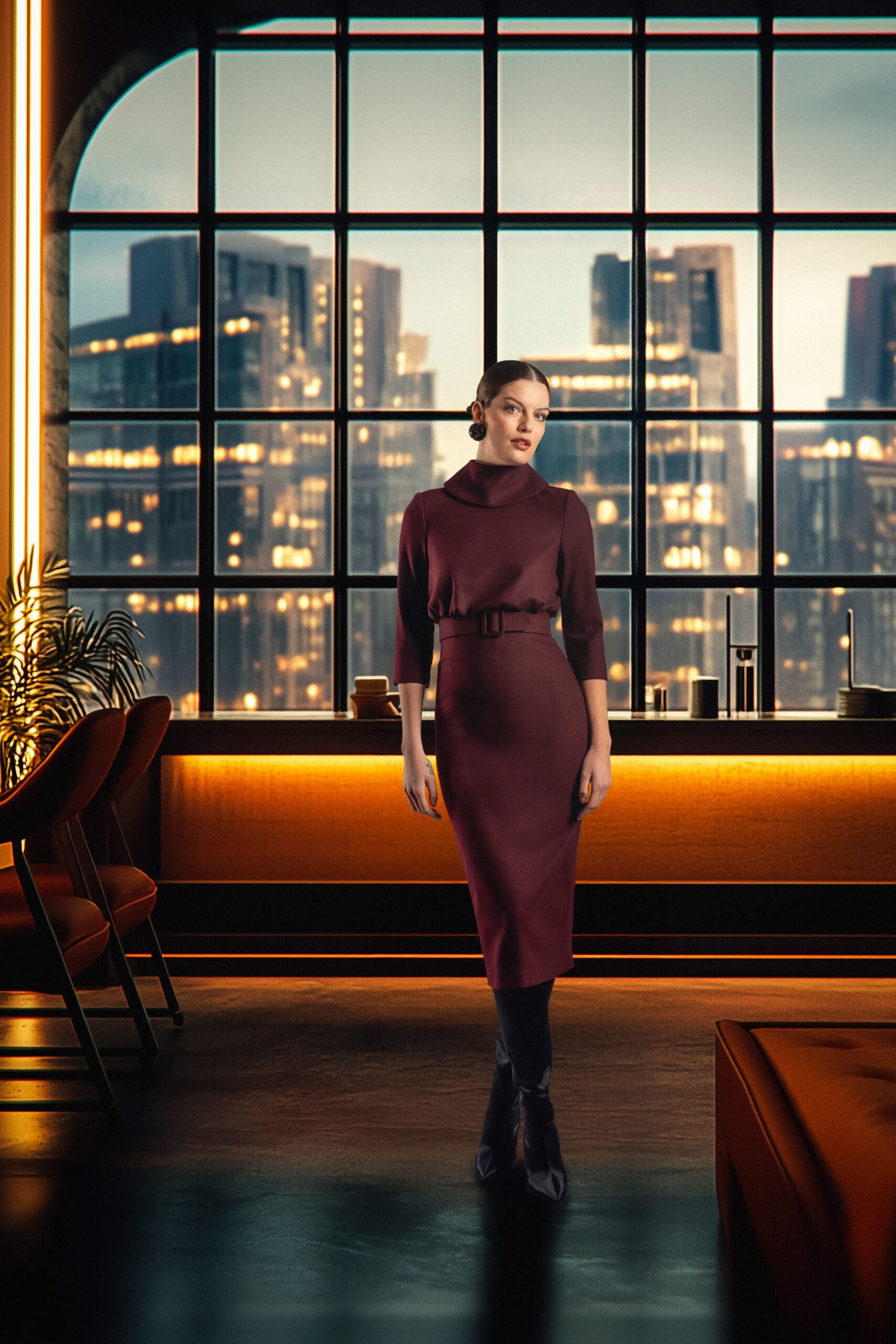 maroon cotton long-sleeve high-neck fitted belted midi dress