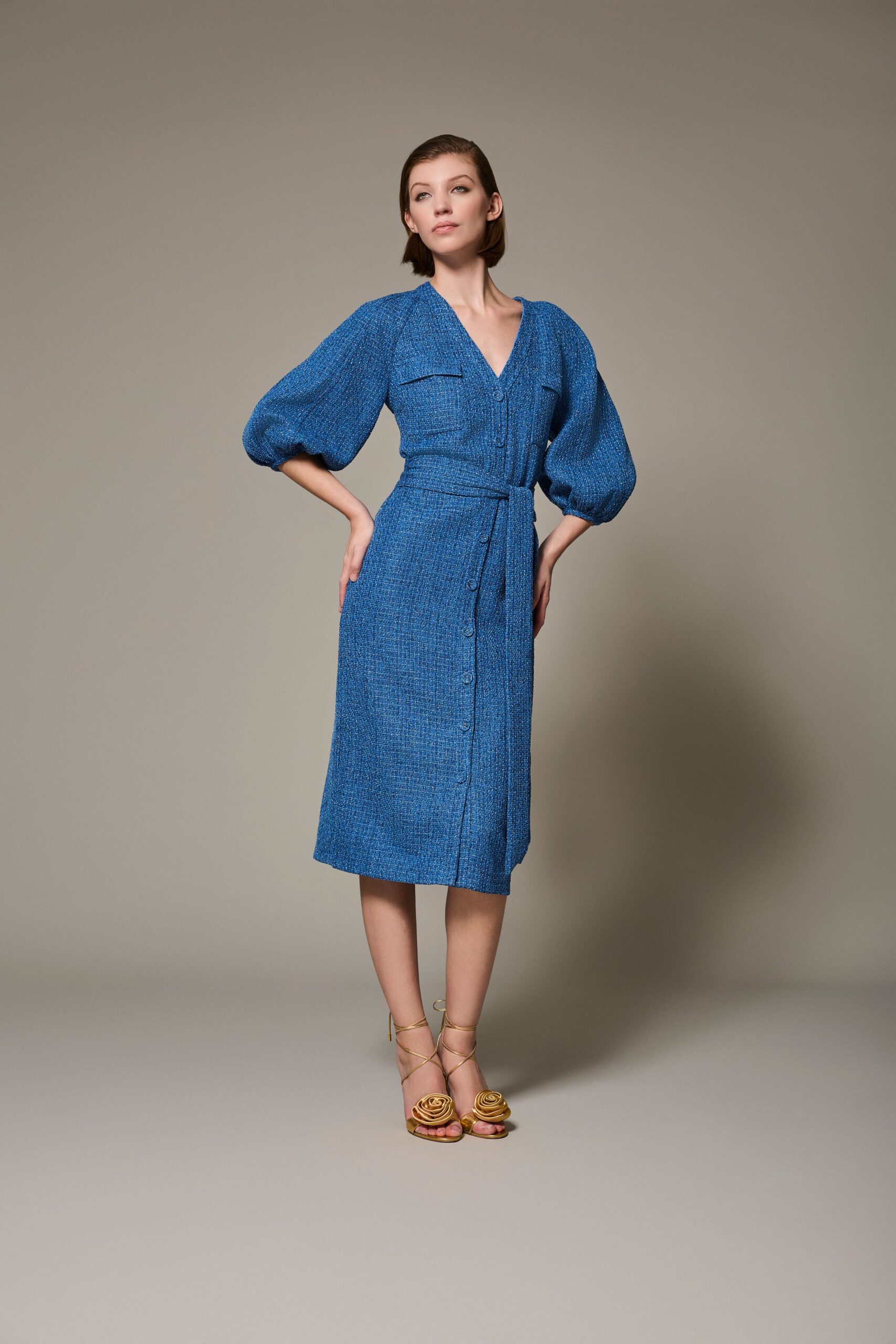 blue cotton belted midi dress