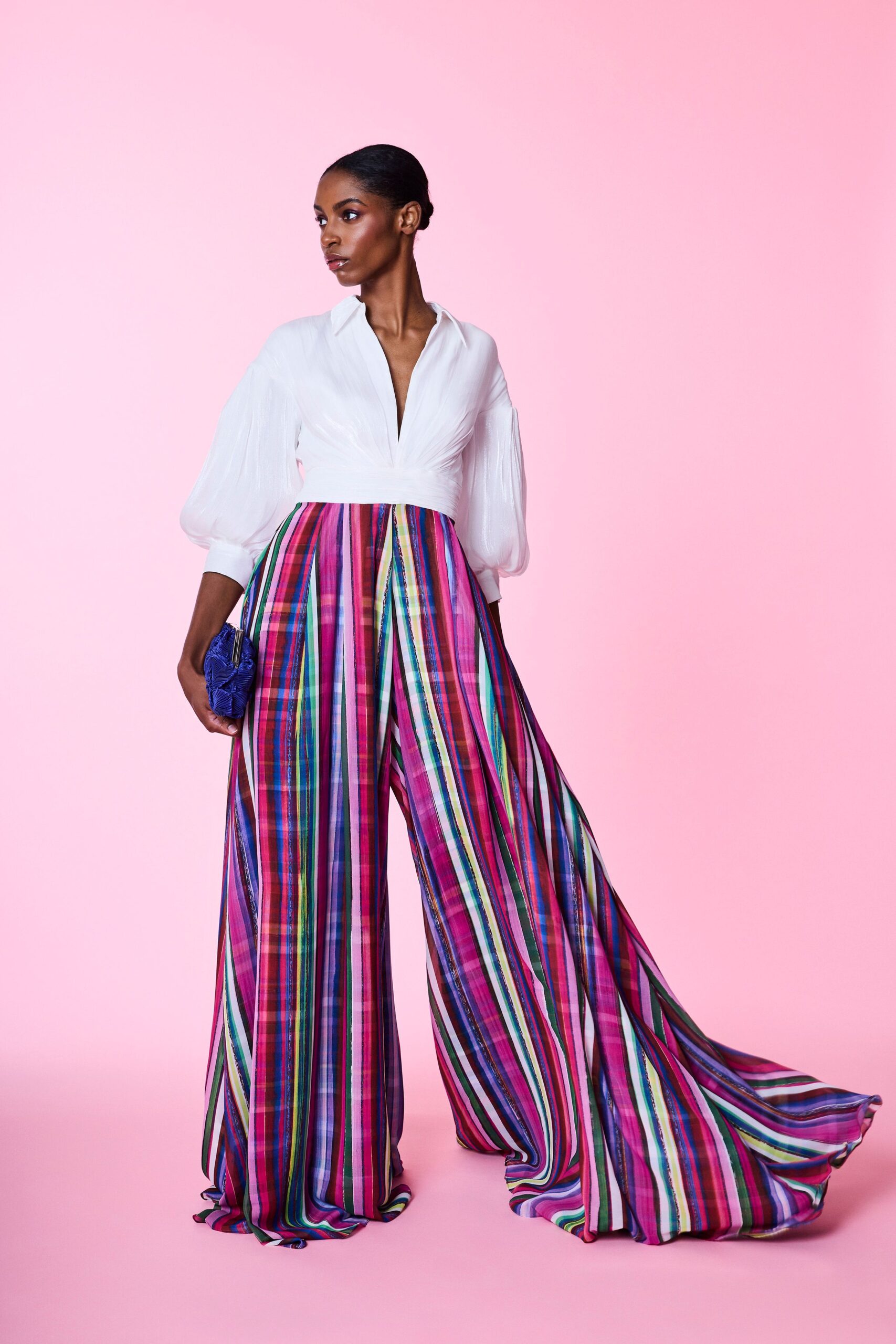 multi chiffon relaxed pleated wide-leg flowing pants