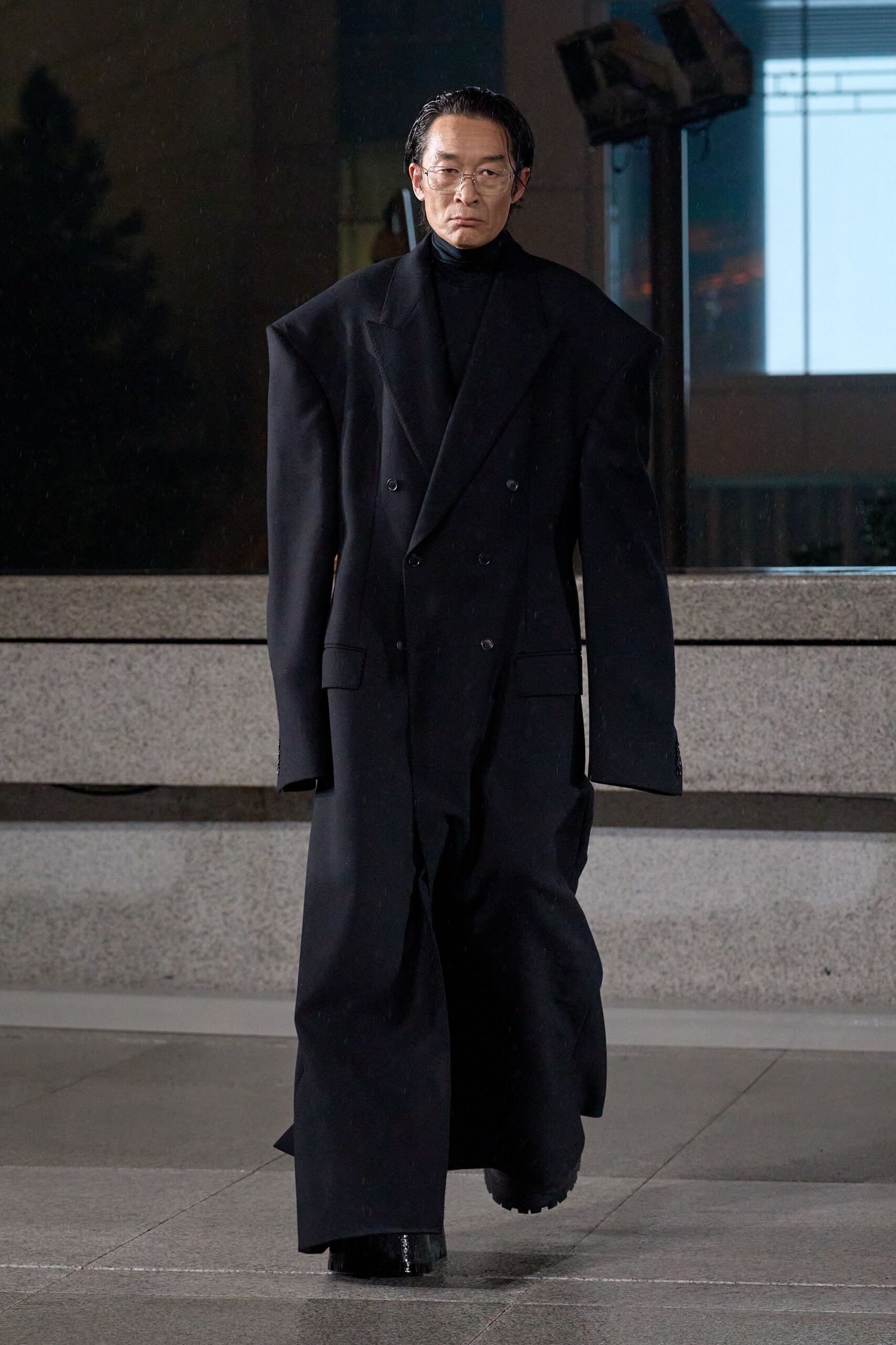 black wool long-sleeve collared oversized draped maxi coat