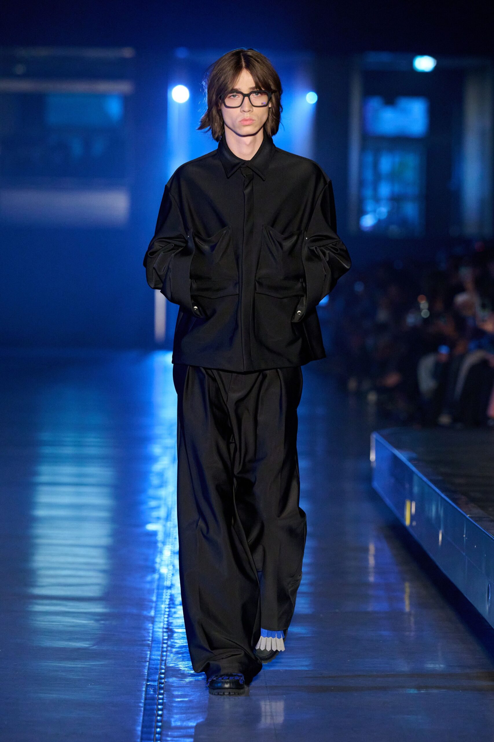 black oversized jacket with wide-leg pants