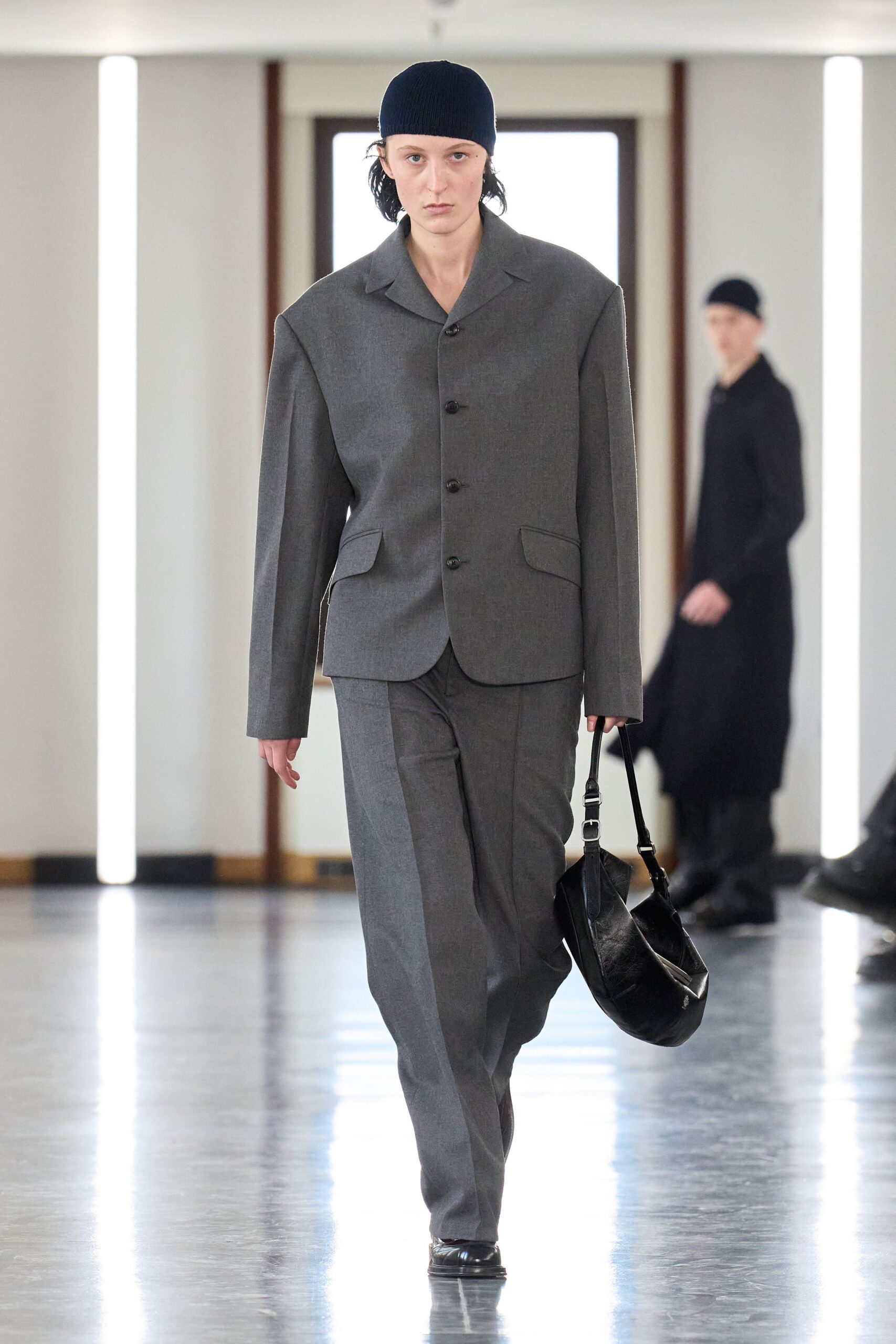 gray structured suit with bag