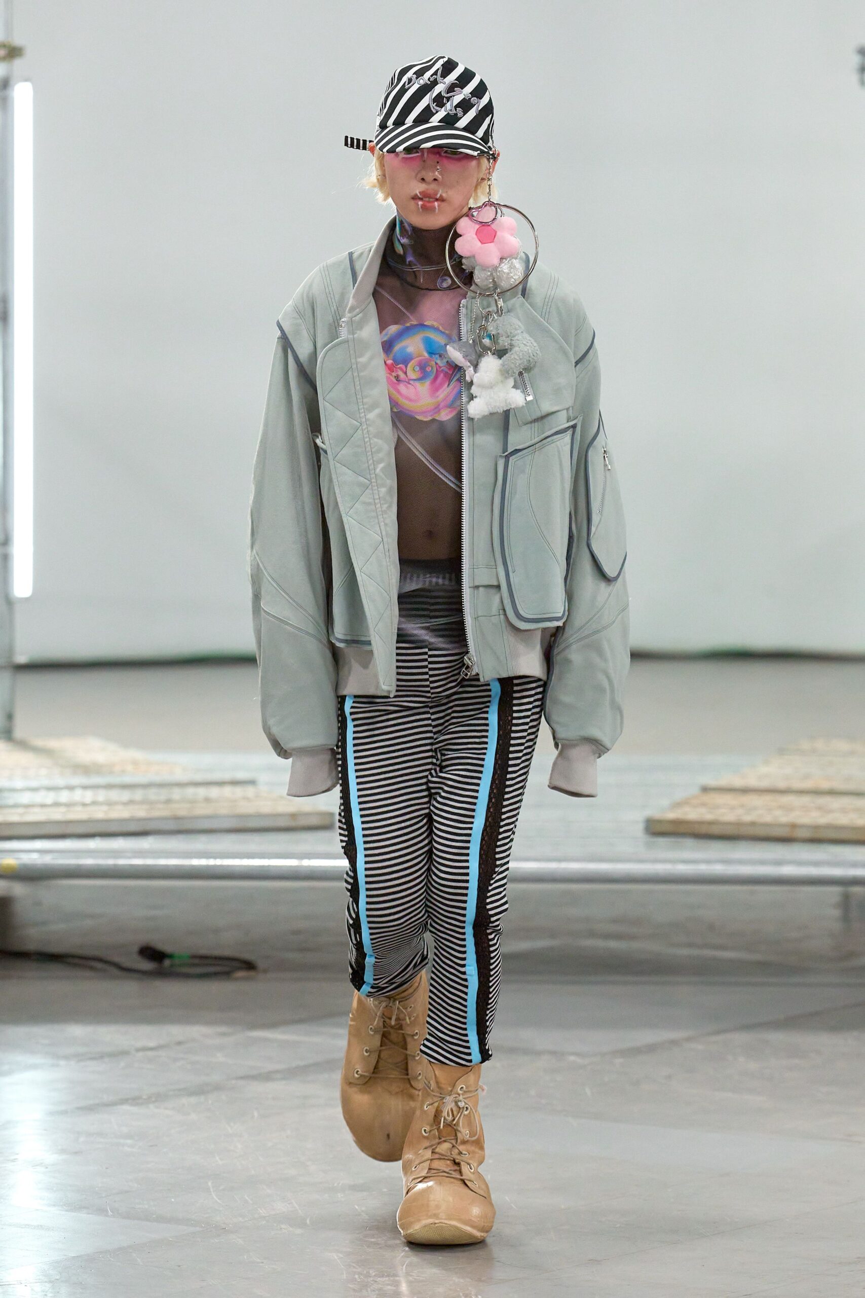 gray oversized jacket with striped pants