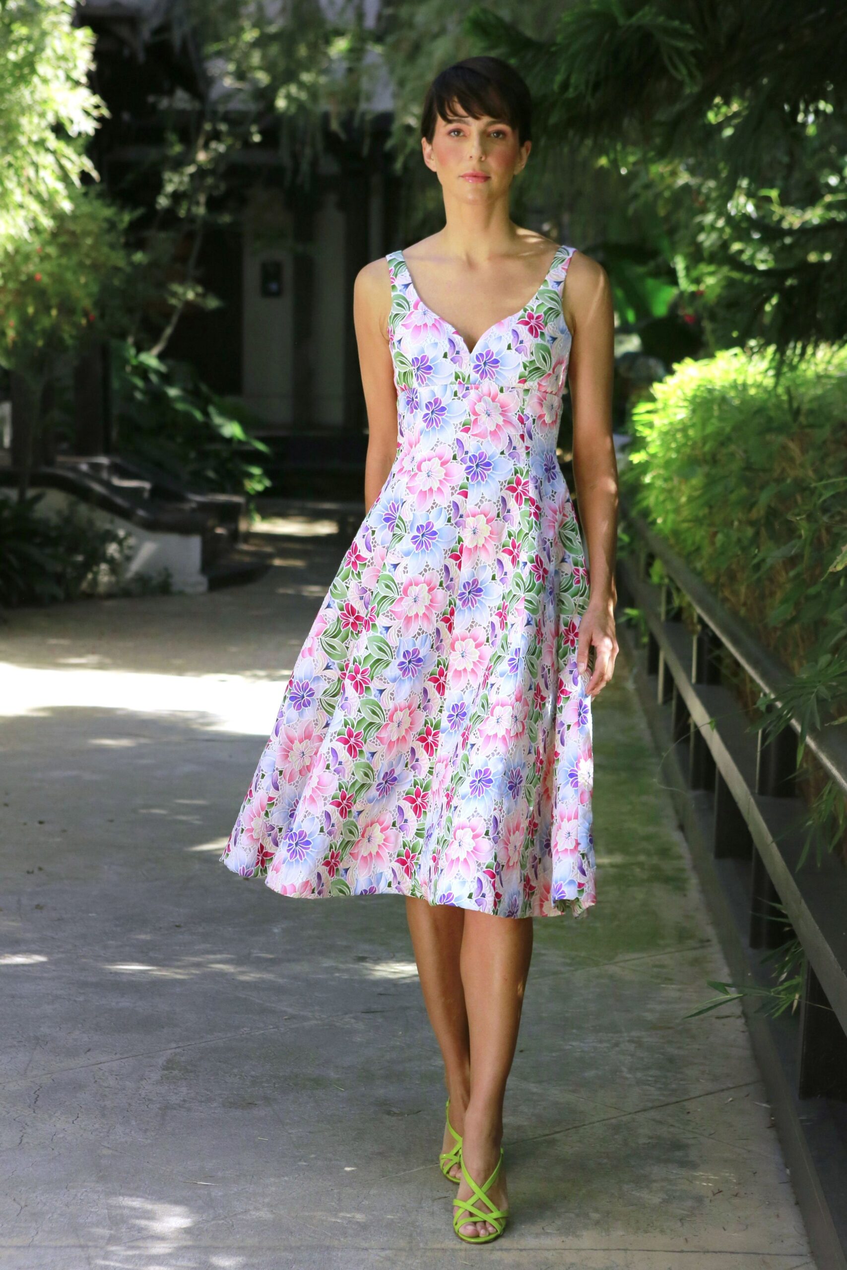 pink cotton sleeveless v-neck fitted floral a-line dress