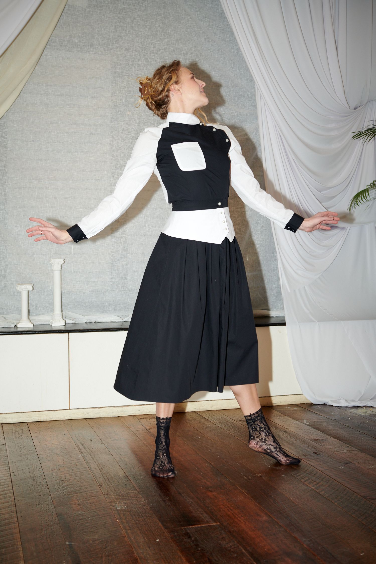 black and white fitted midi dress