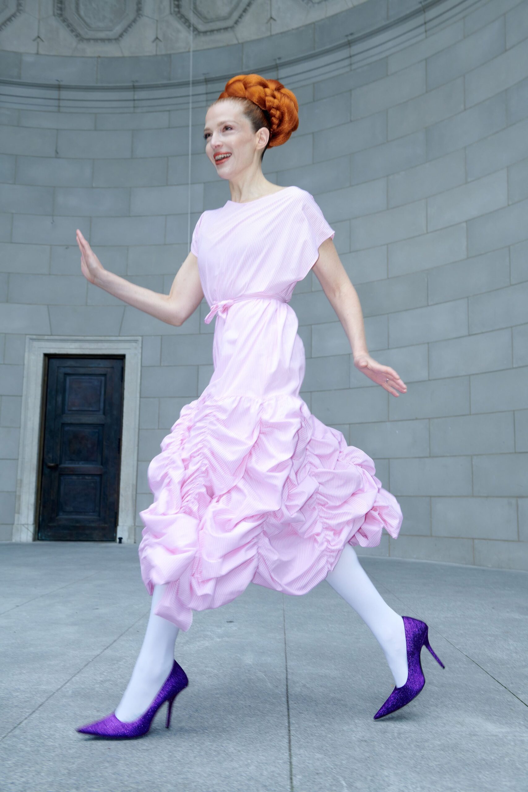 pink silk short-sleeve high-neck fitted ruffled layered dress