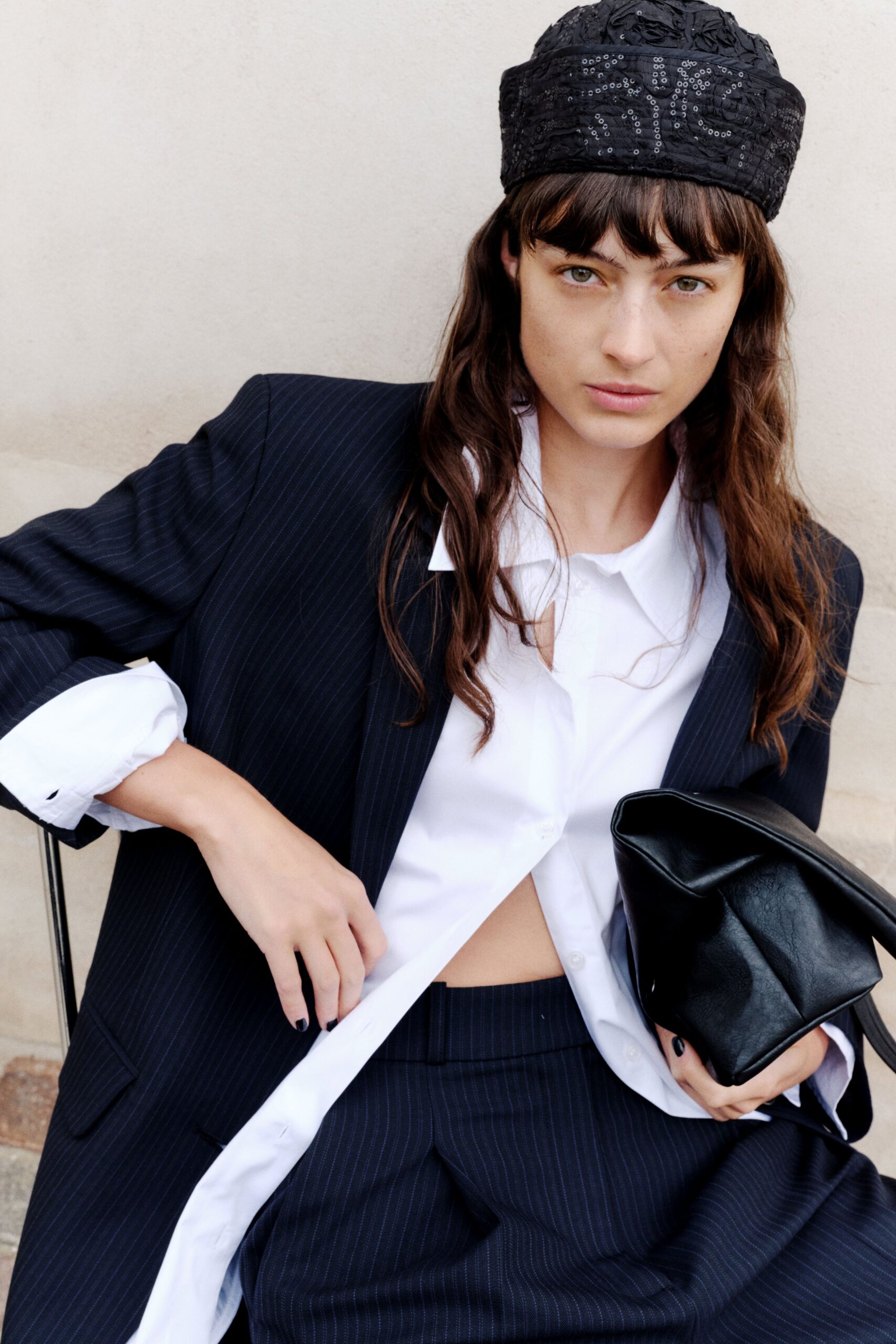 navy striped blazer with white shirt