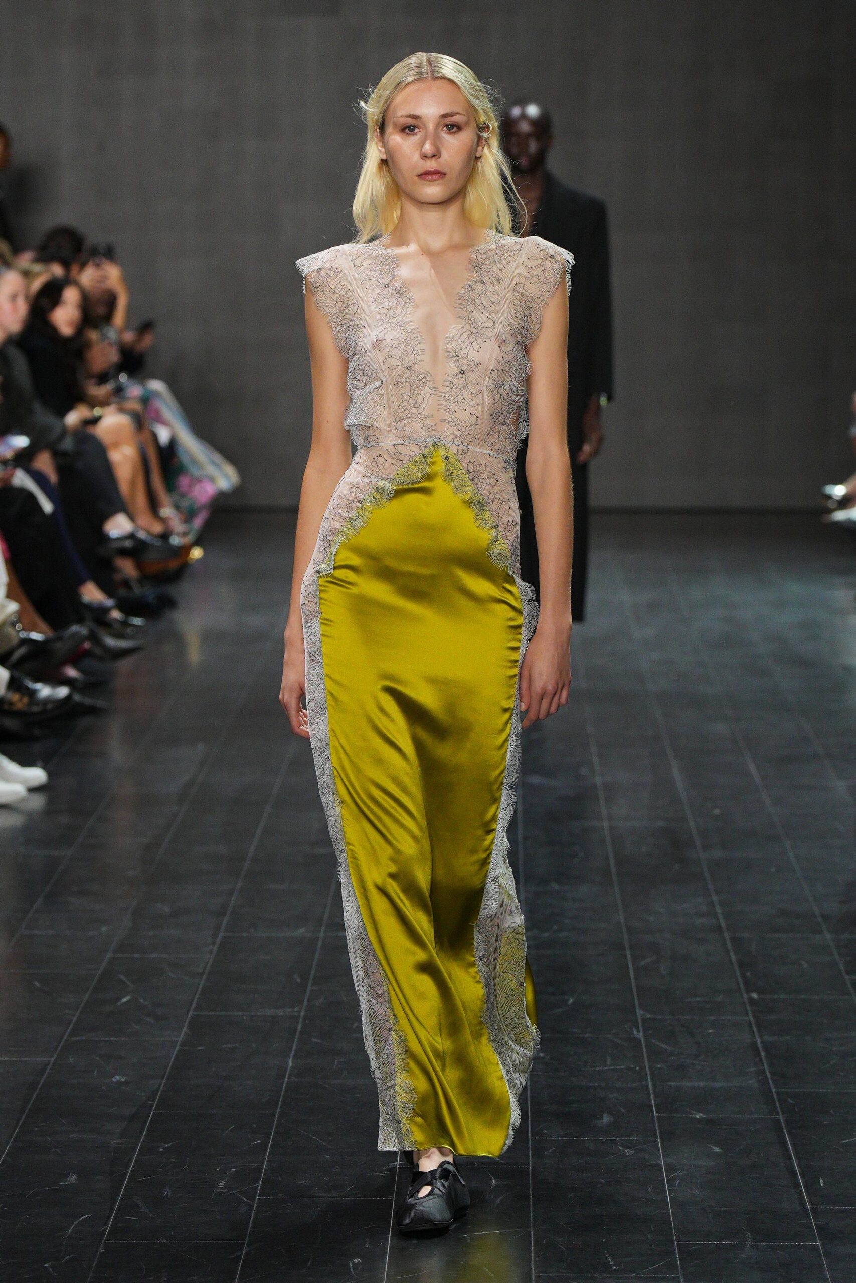 yellow silk sleeveless v-neck fitted draped embellished gown