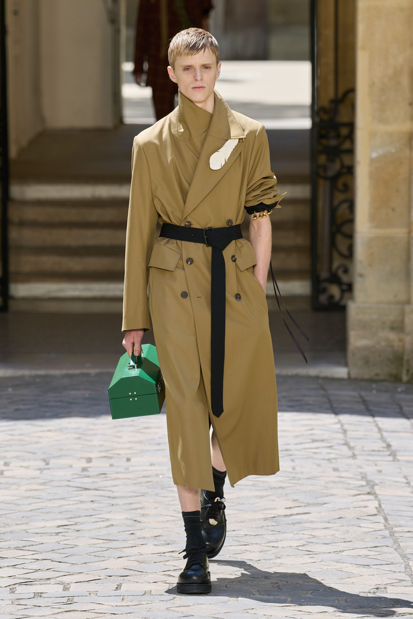 beige cotton long-sleeve collared relaxed belted midi trench