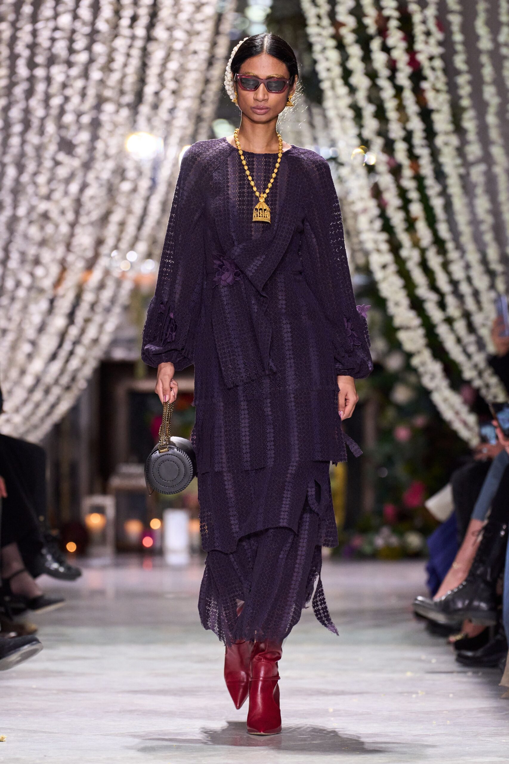 purple silk long-sleeve v-neck relaxed layered pleated dress