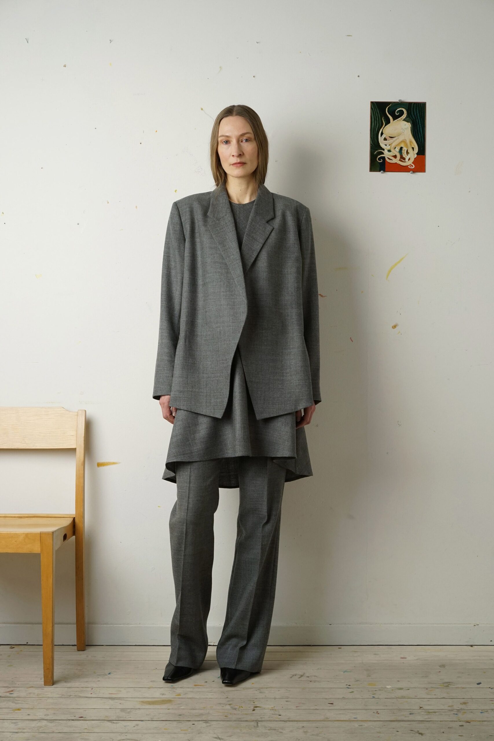 gray oversized blazer with tailored pants