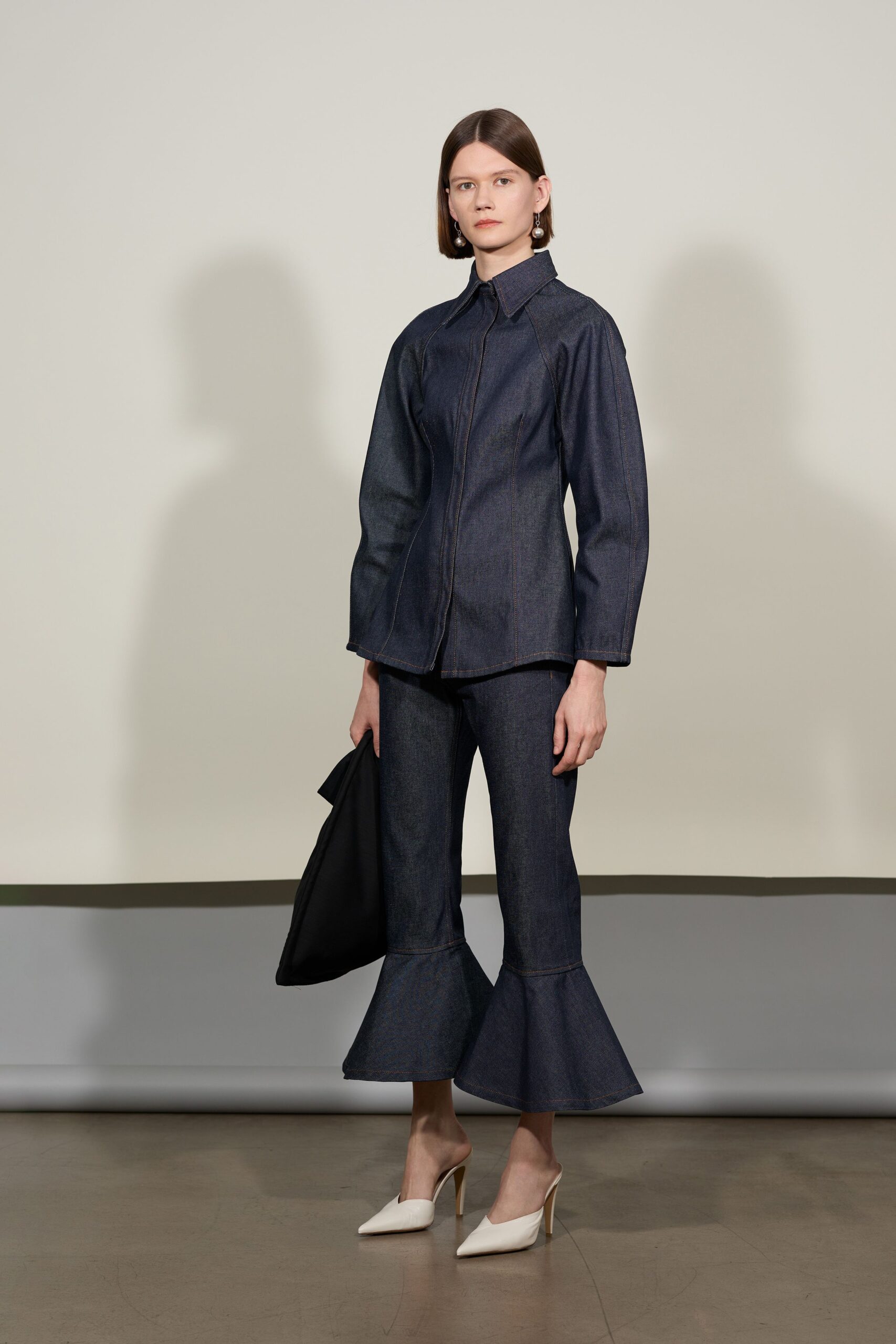 blue denim shirt and flared pants