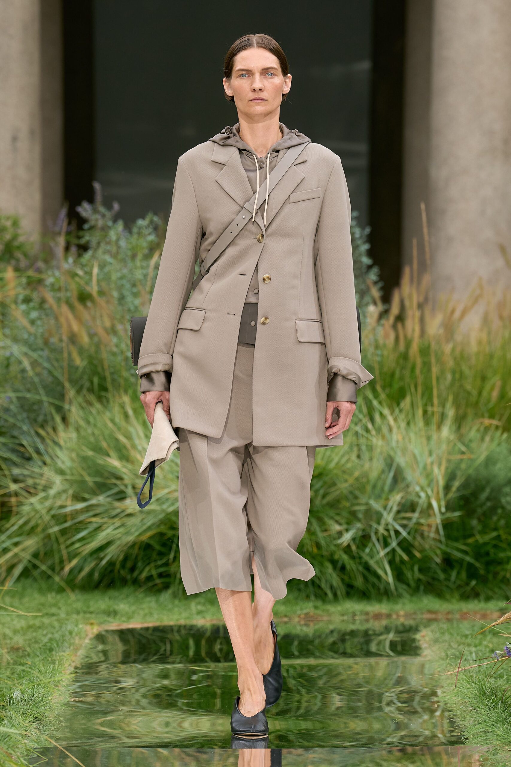 beige tailored blazer with gray top