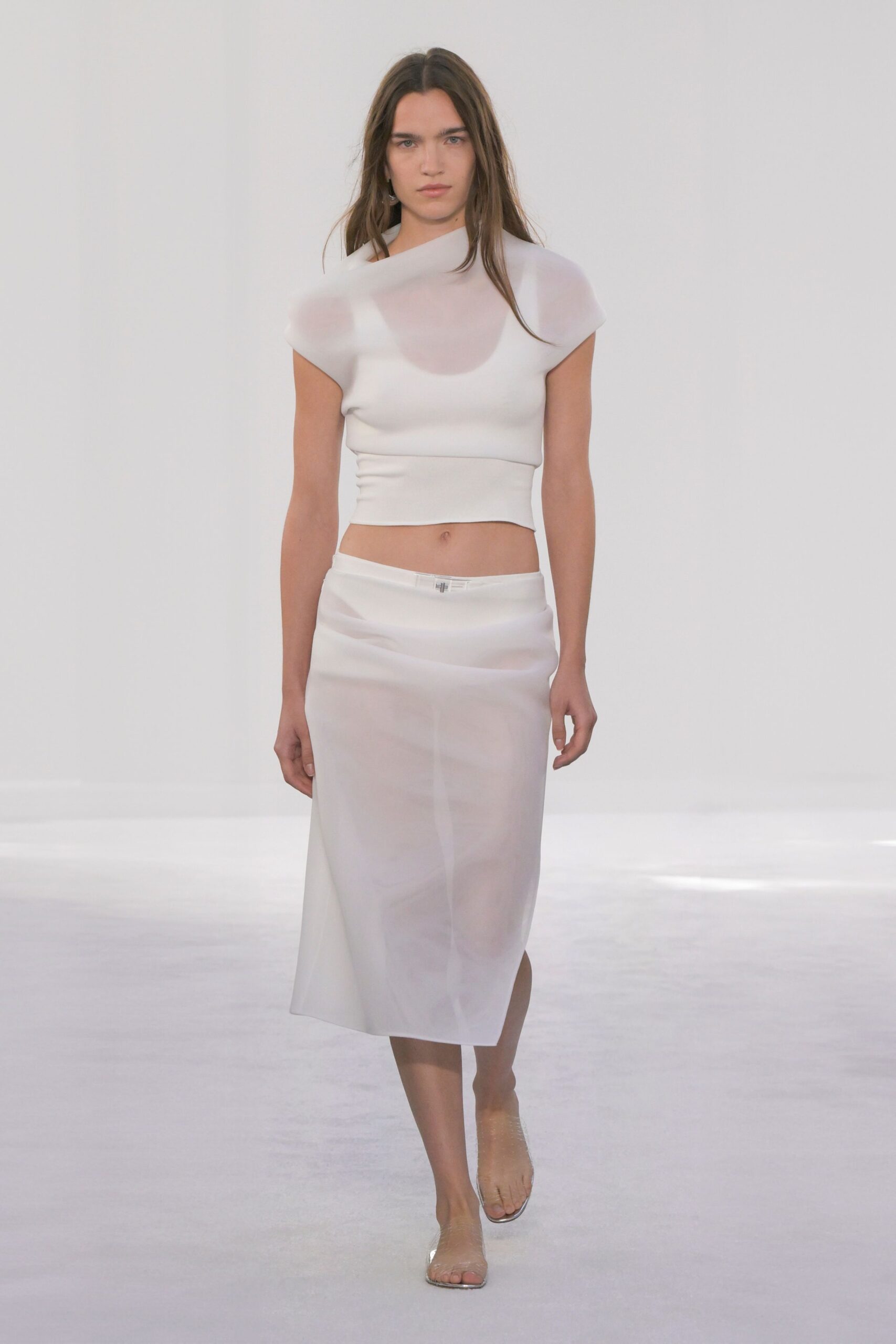 white cotton short-sleeve high-neck fitted sheer top