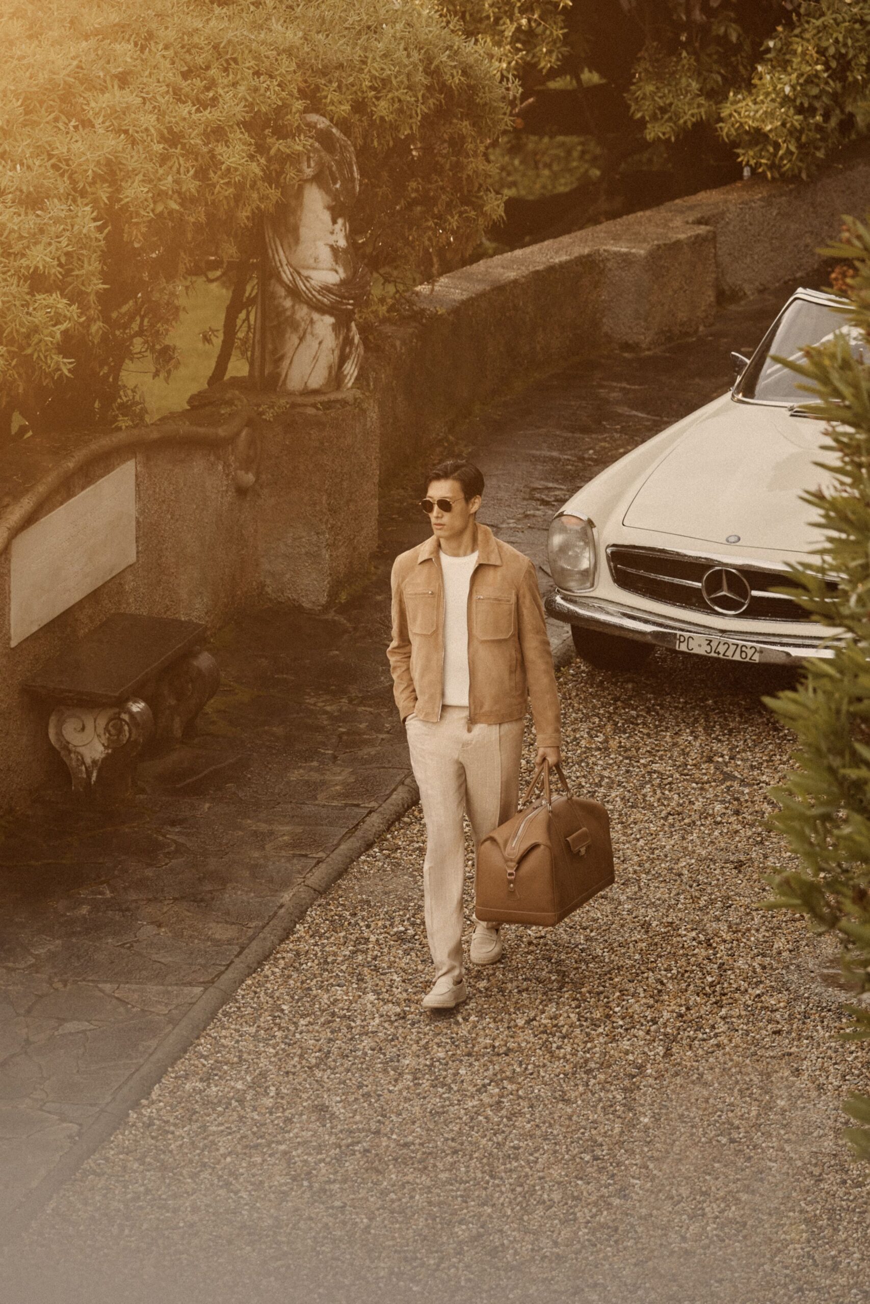 beige cotton slim straight-leg pants
