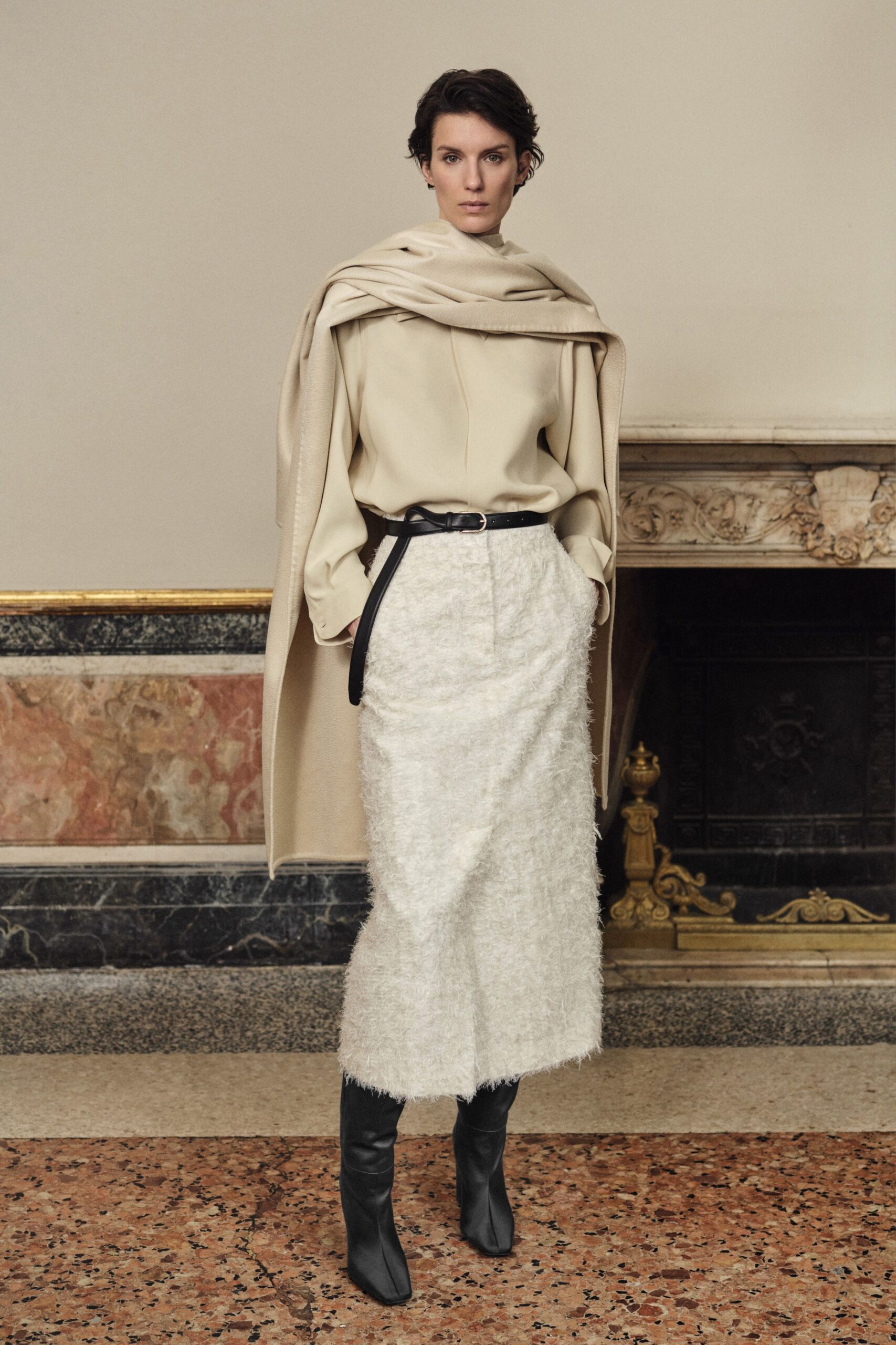 white wool fitted textured midi skirt