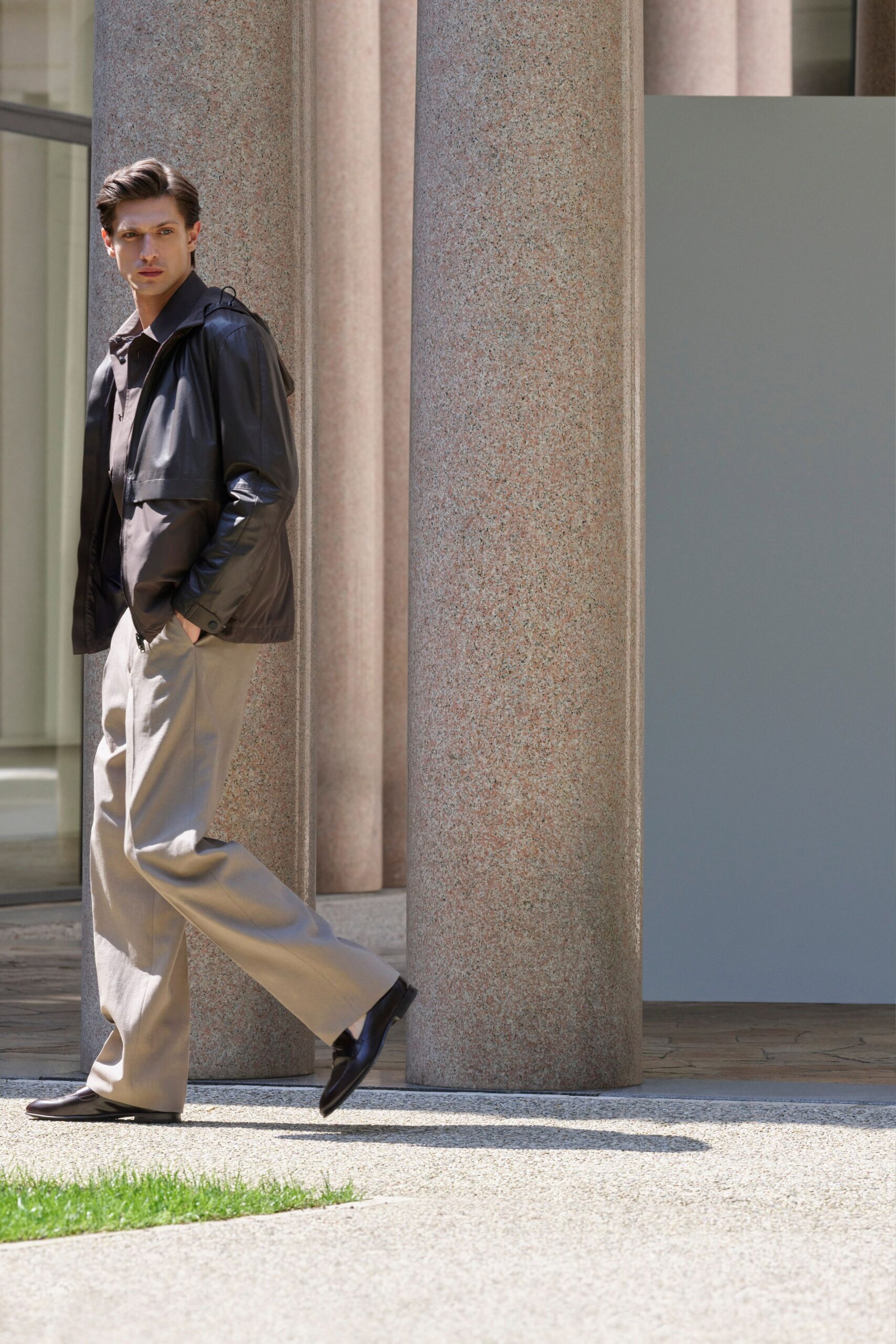brown leather jacket beige pants