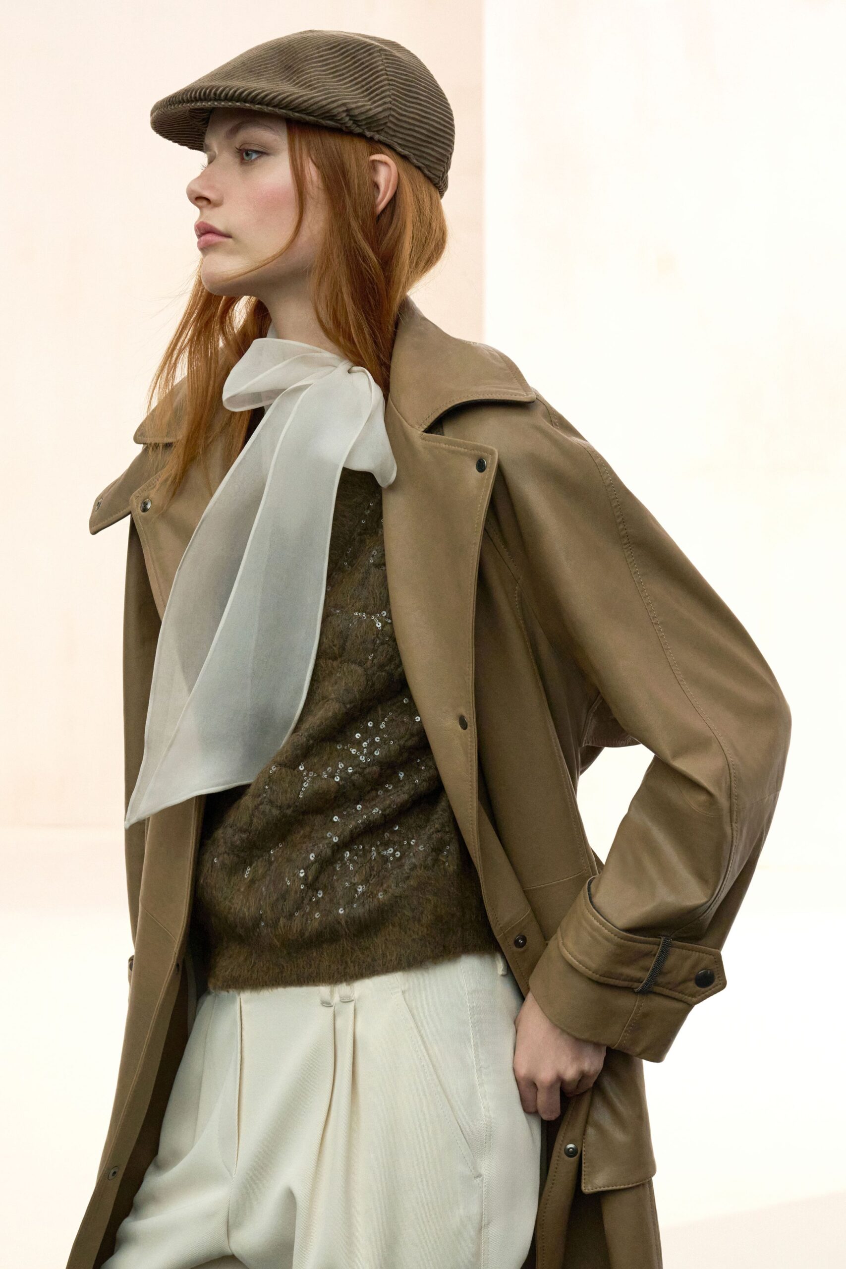green wool long-sleeve collared fitted textured sweater