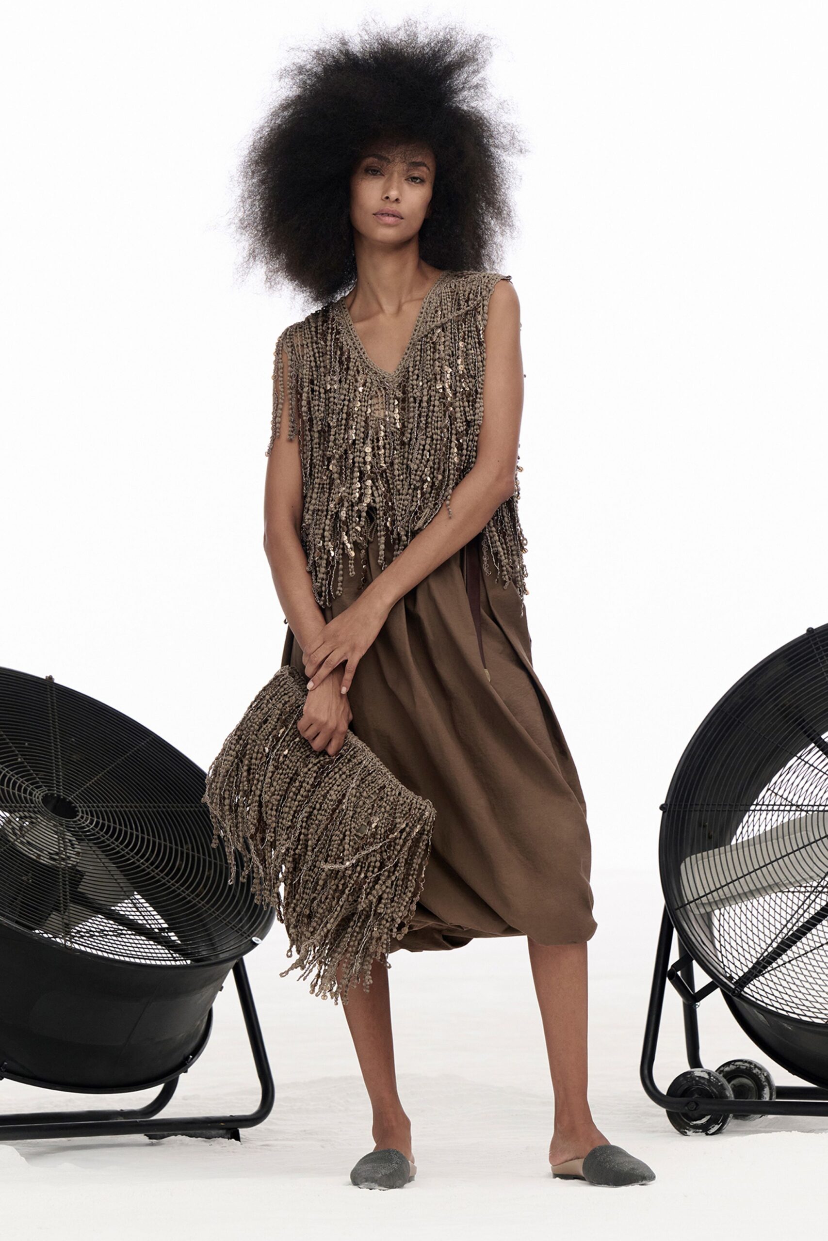 brown fringed top and skirt