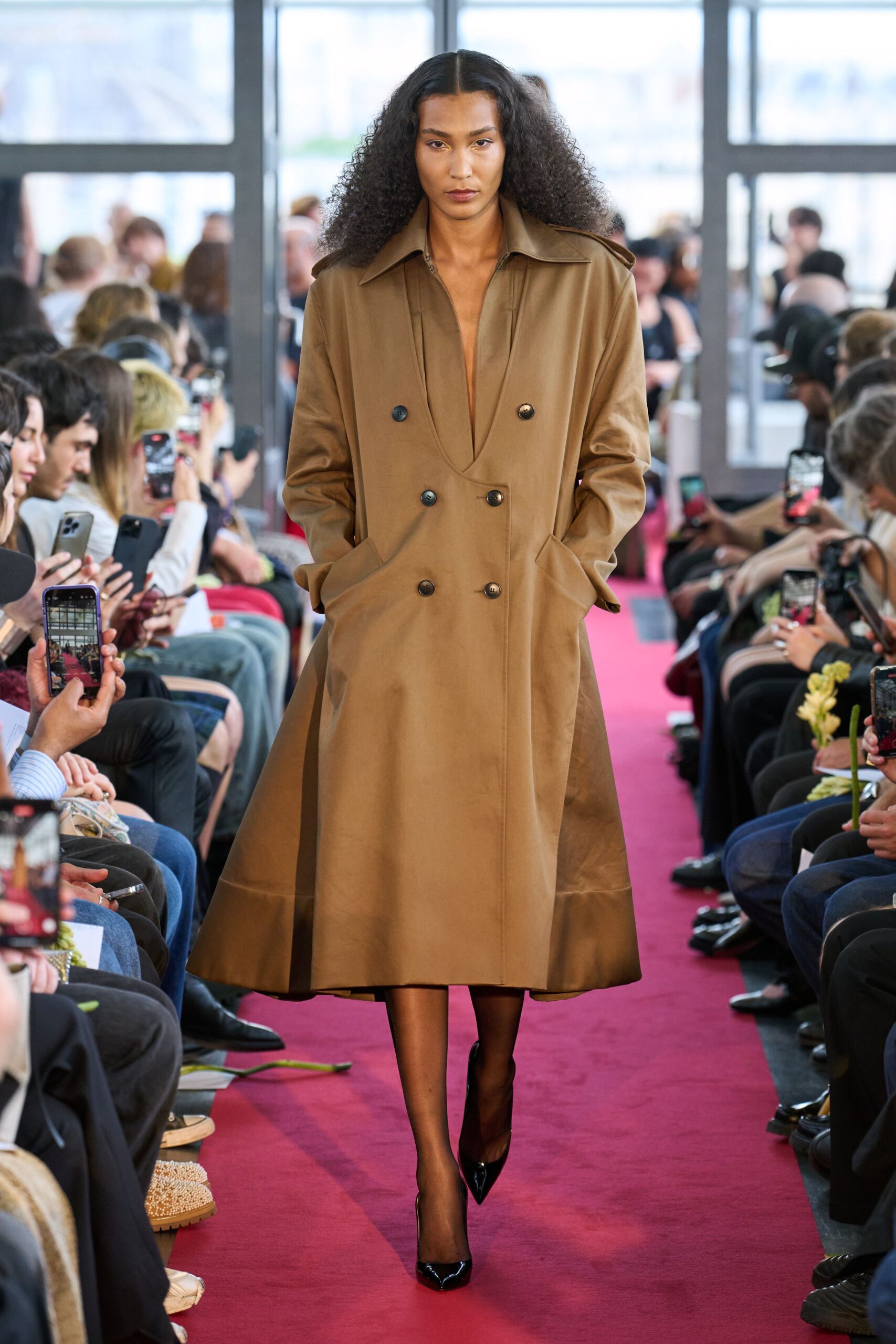 brown silk long-sleeve collared structured buttoned midi coat