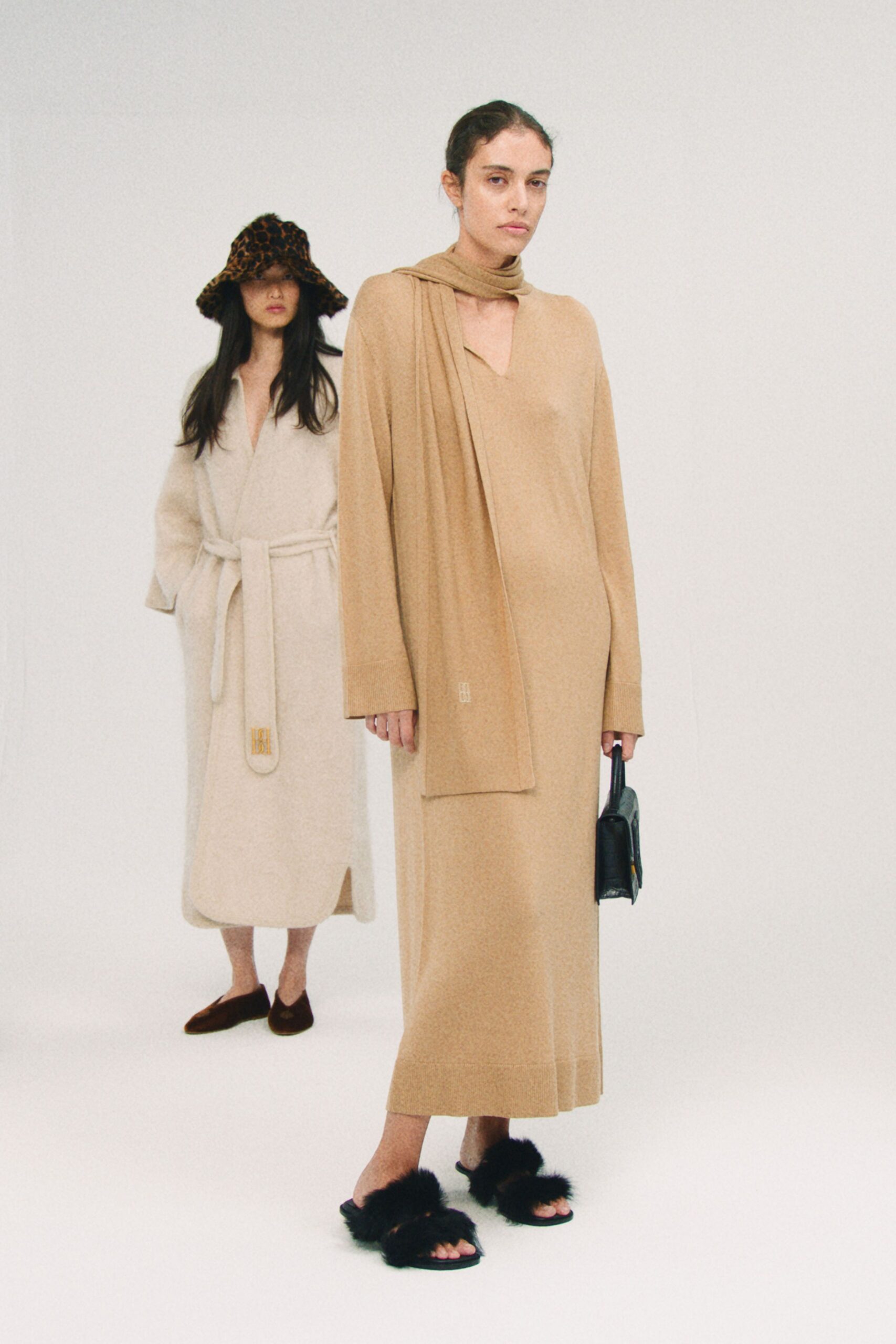 beige wool long-sleeve v-neck relaxed draped maxi dress