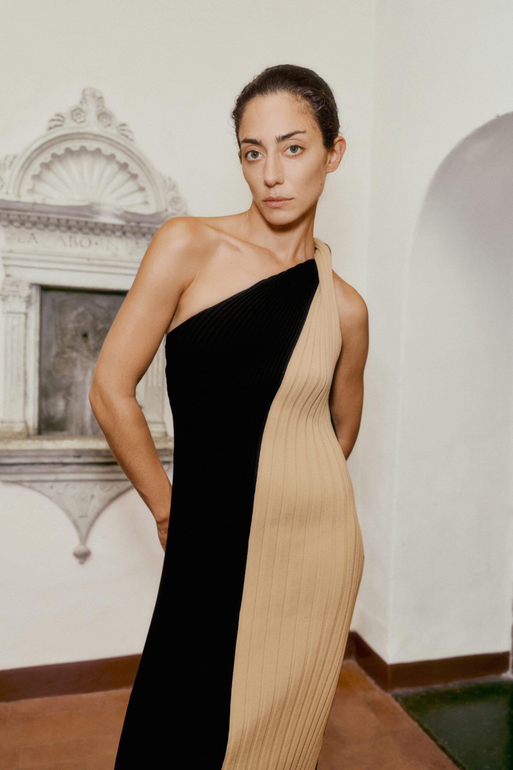 black and beige asymmetric midi dress
