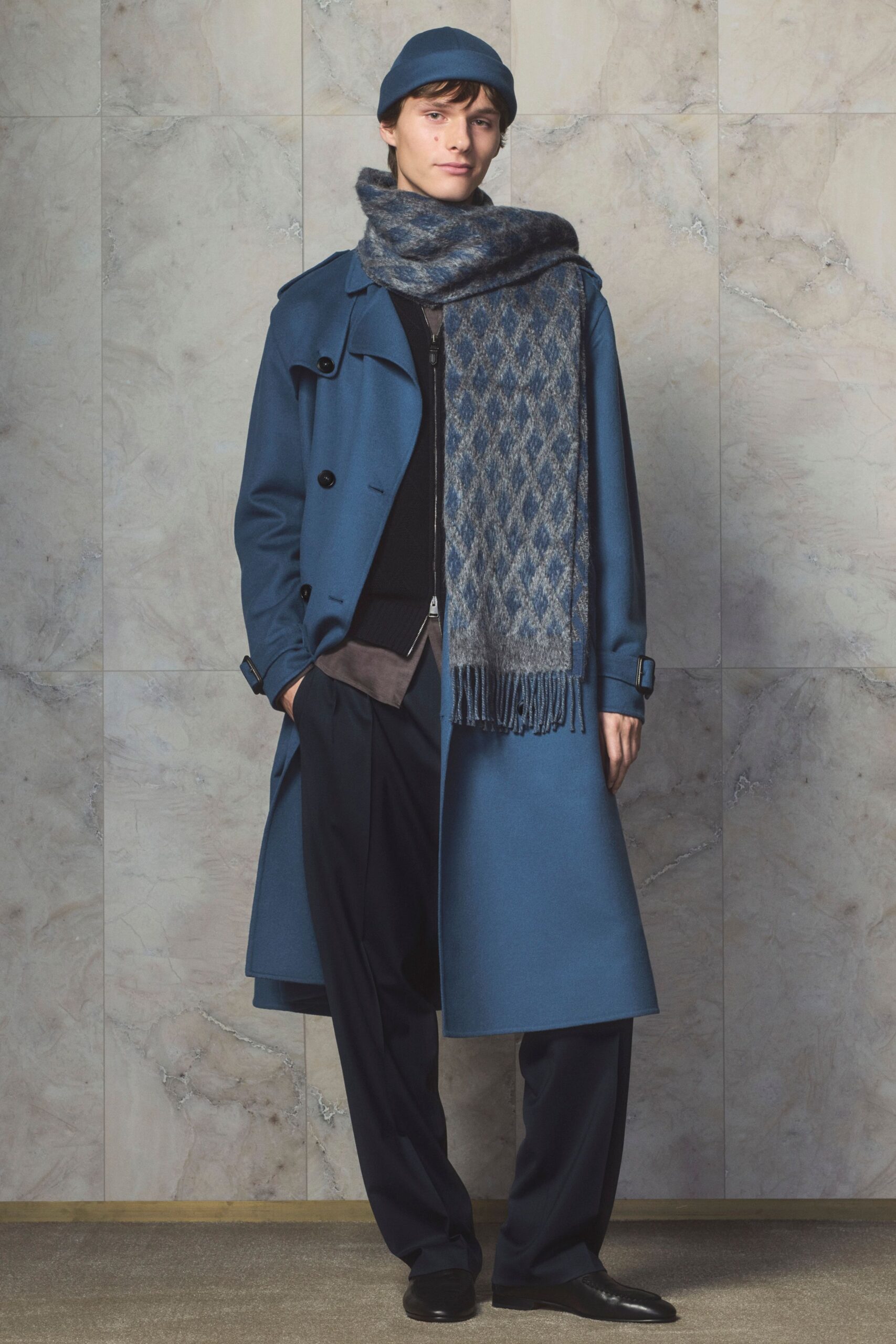 blue wool long-sleeve collared relaxed buttoned maxi coat