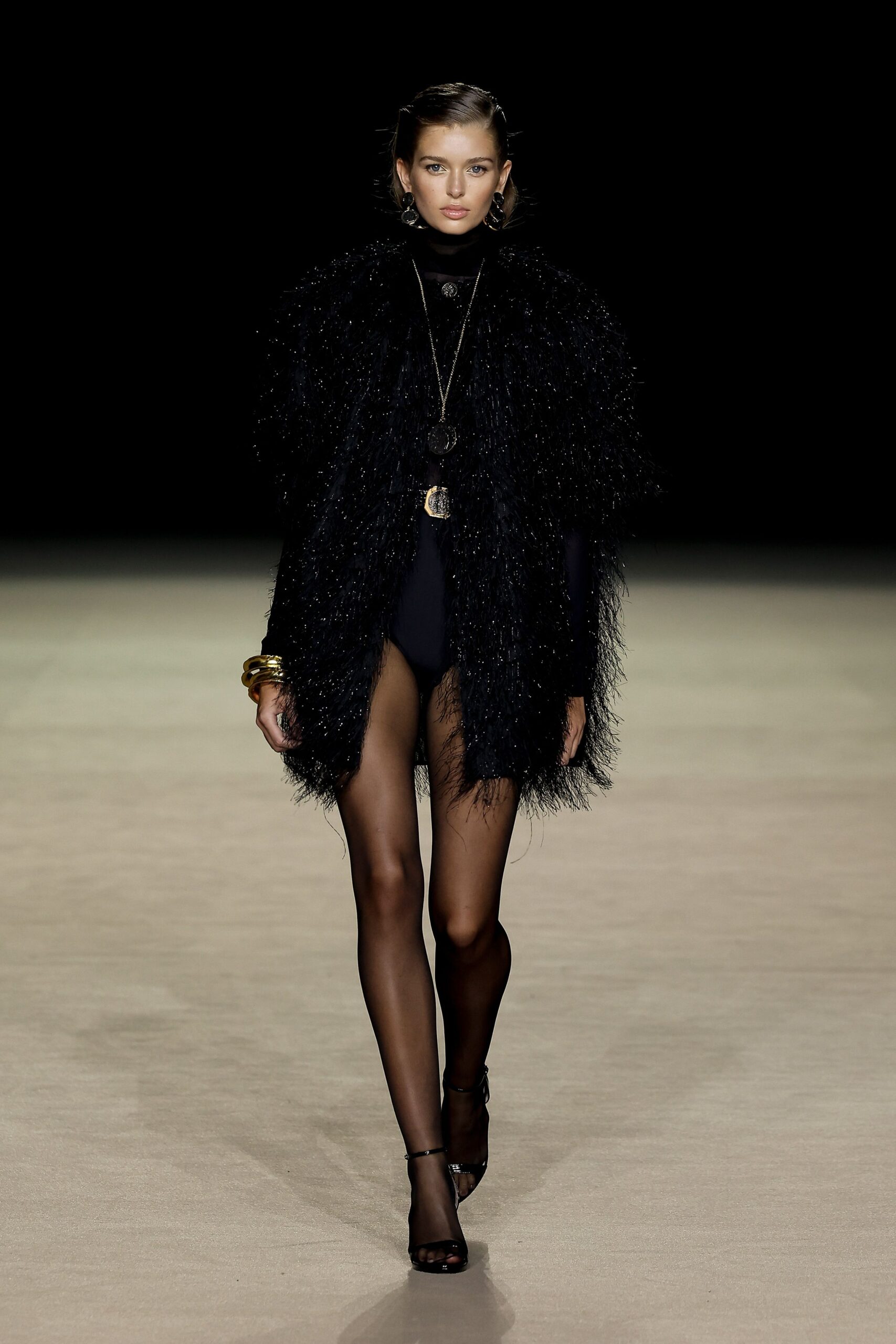 black fur coat and bodysuit