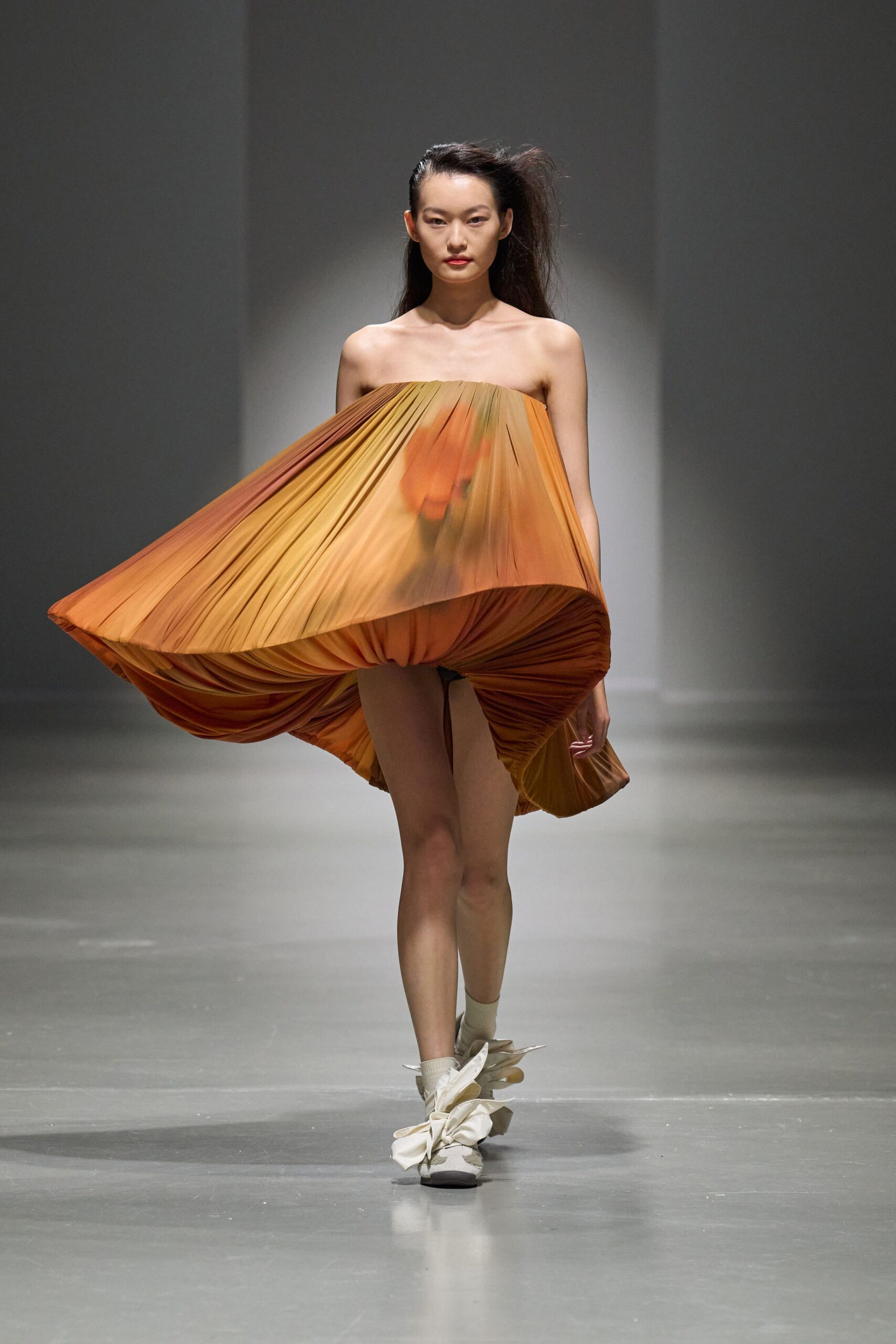orange silk strapless fitted pleated flowing mini dress