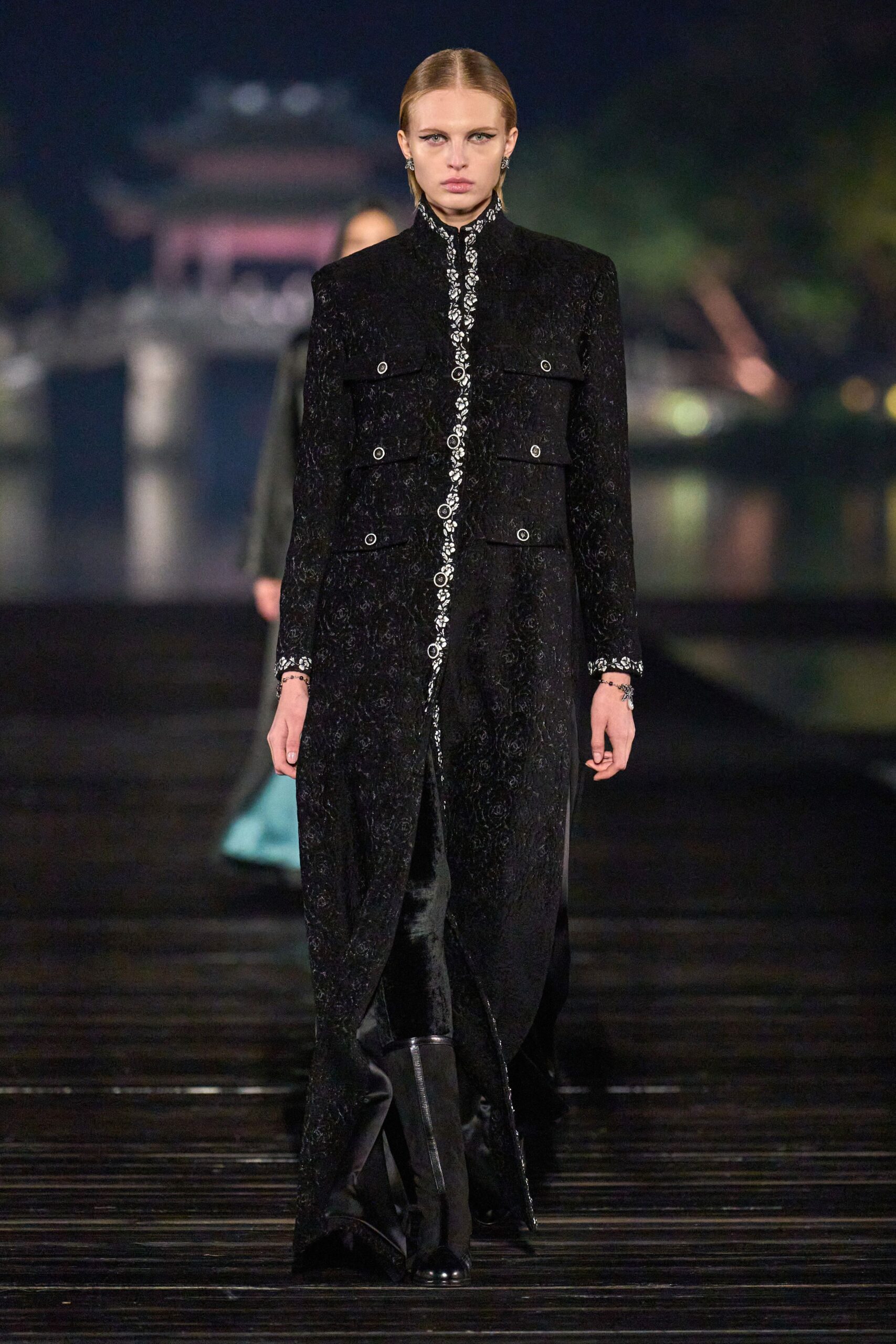 black embroidered maxi coat with boots