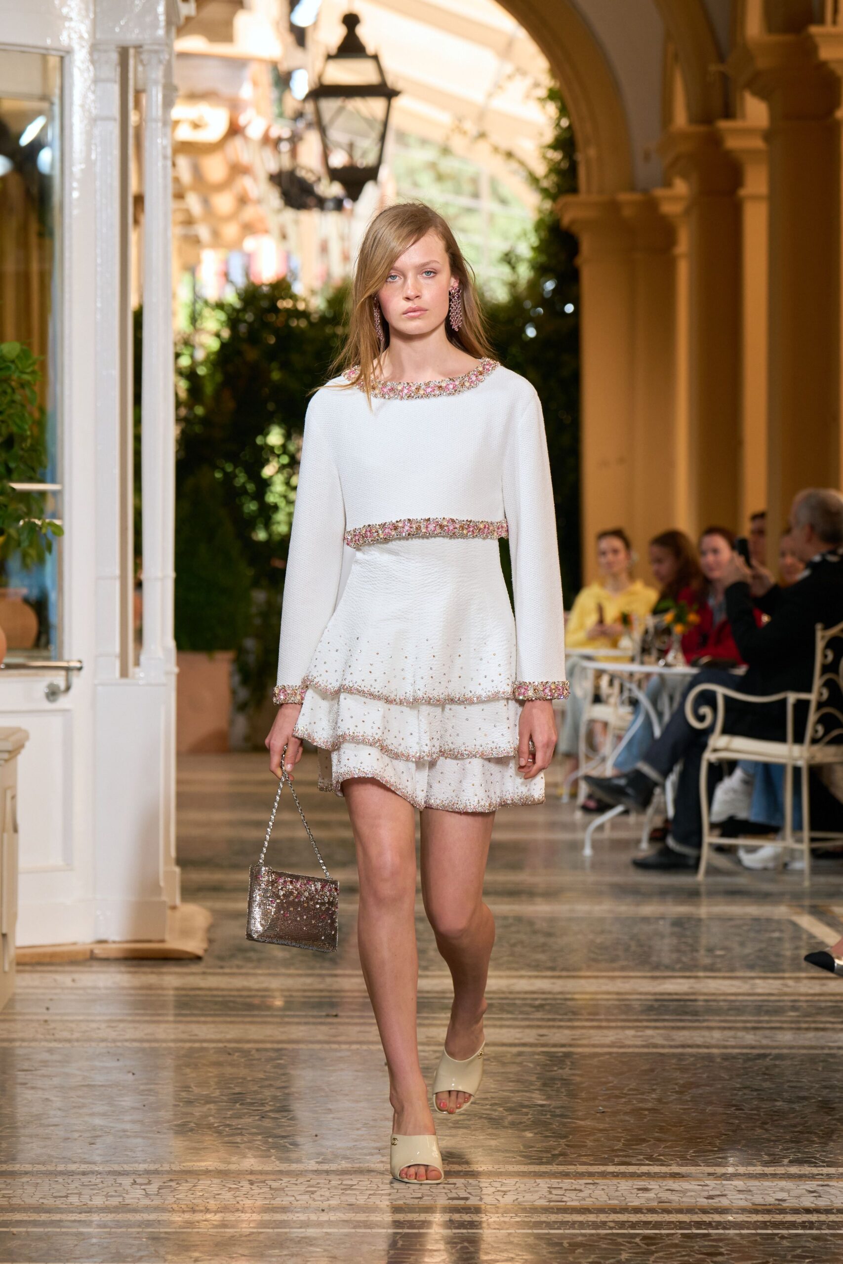 white sequin long-sleeve scoop-neck structured layered embellished dress