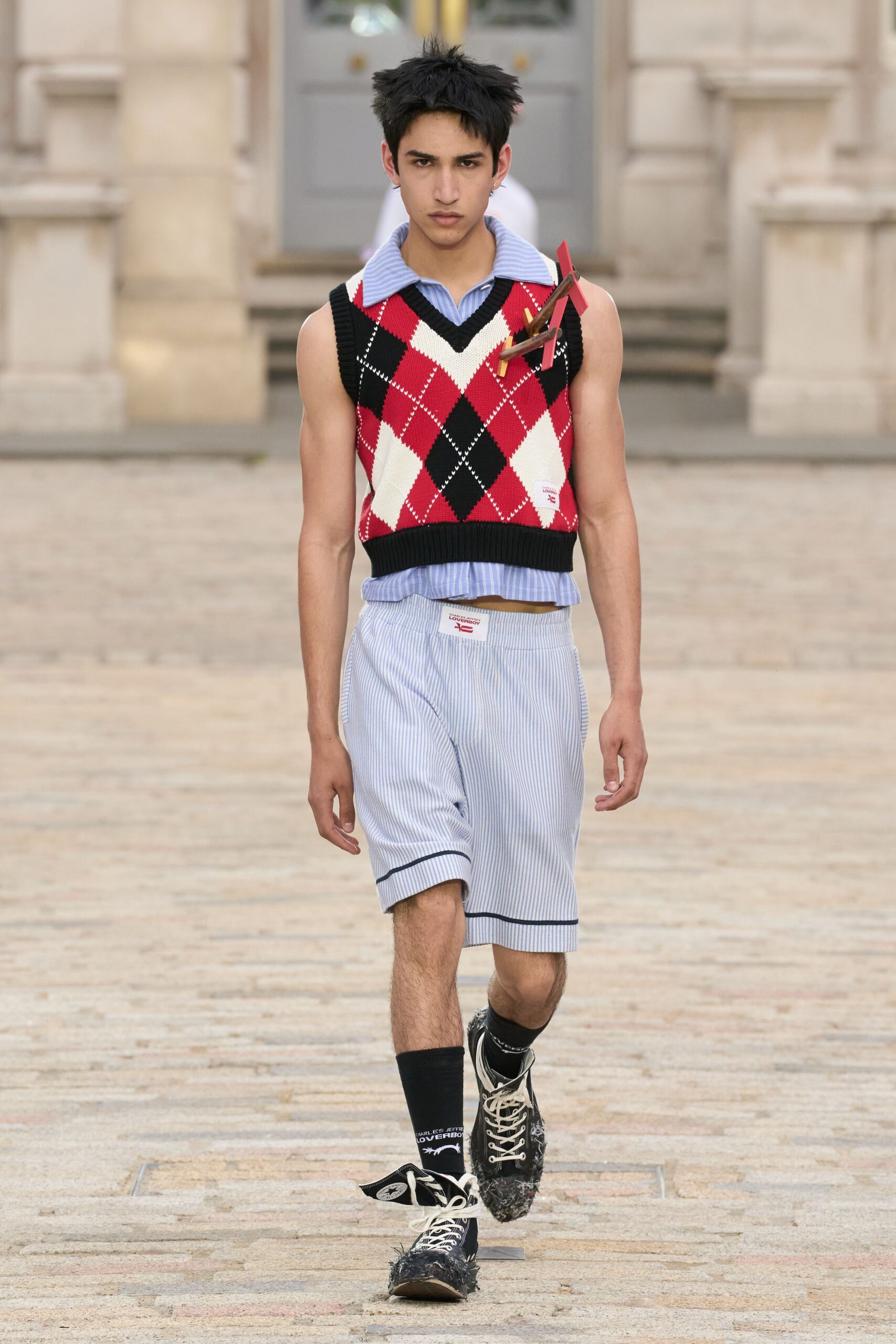 red and black argyle vest with shorts