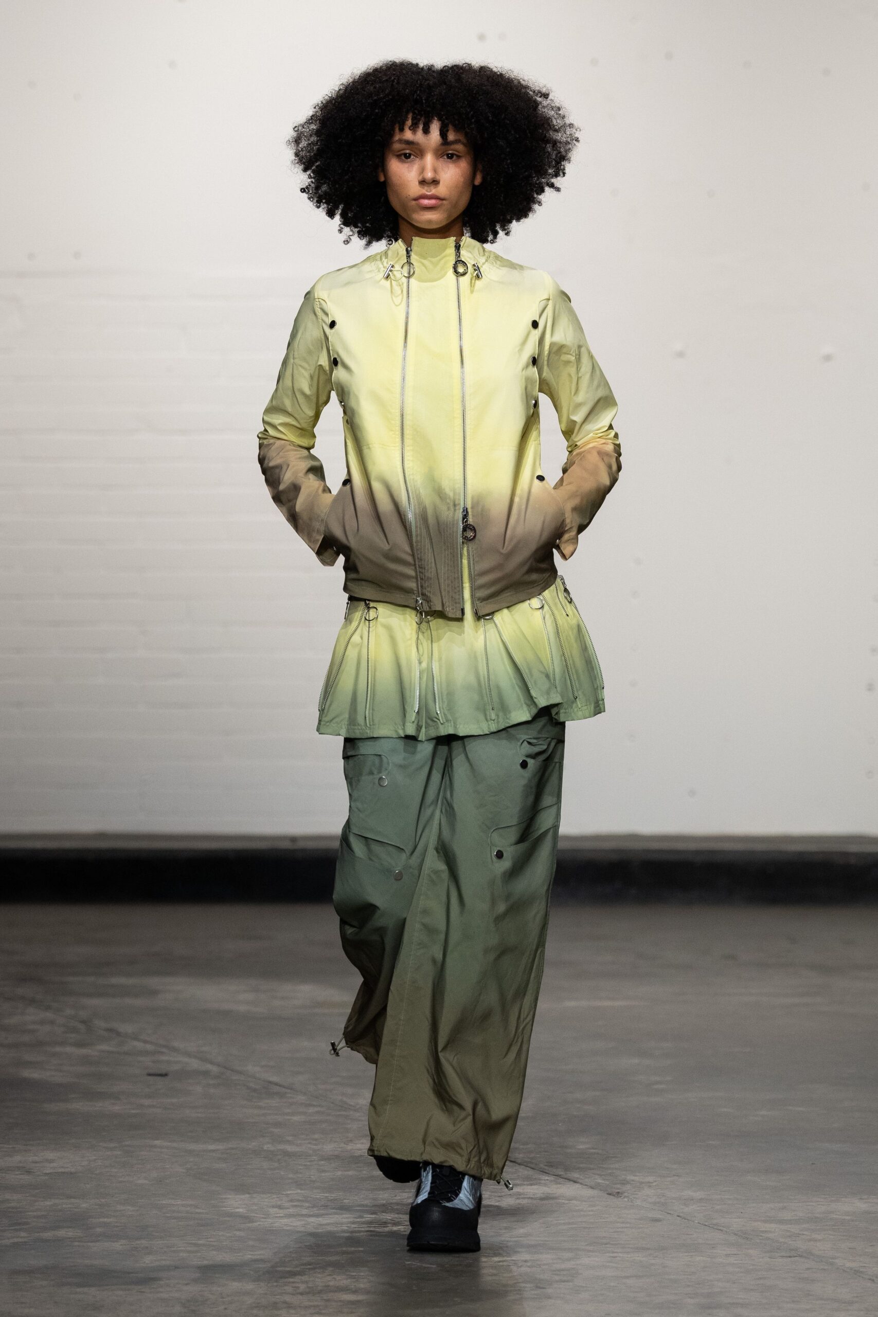 yellow cotton long-sleeve collared fitted zippered layered jacket