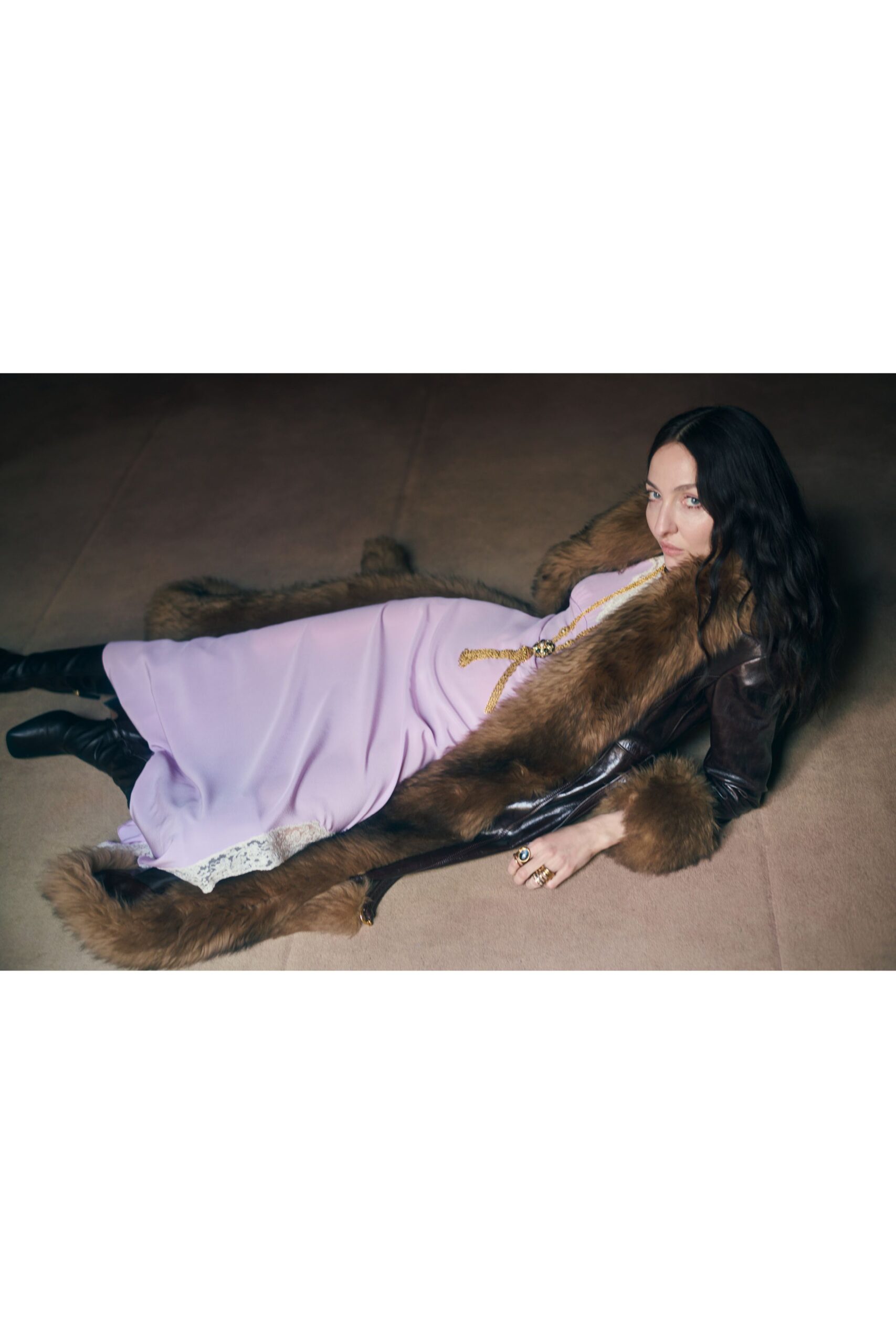 brown fur long-sleeve relaxed draped coat
