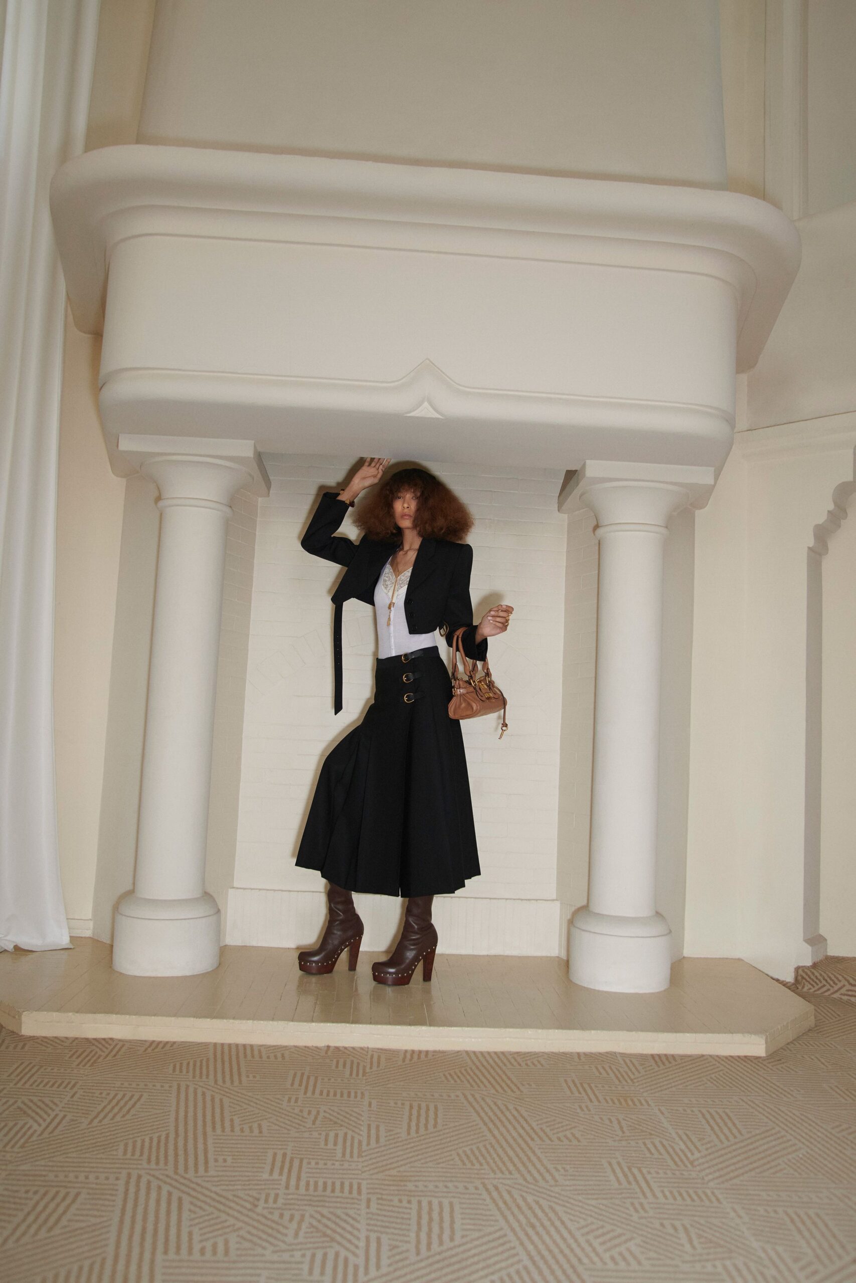 black wool long-sleeve collared structured cropped jacket