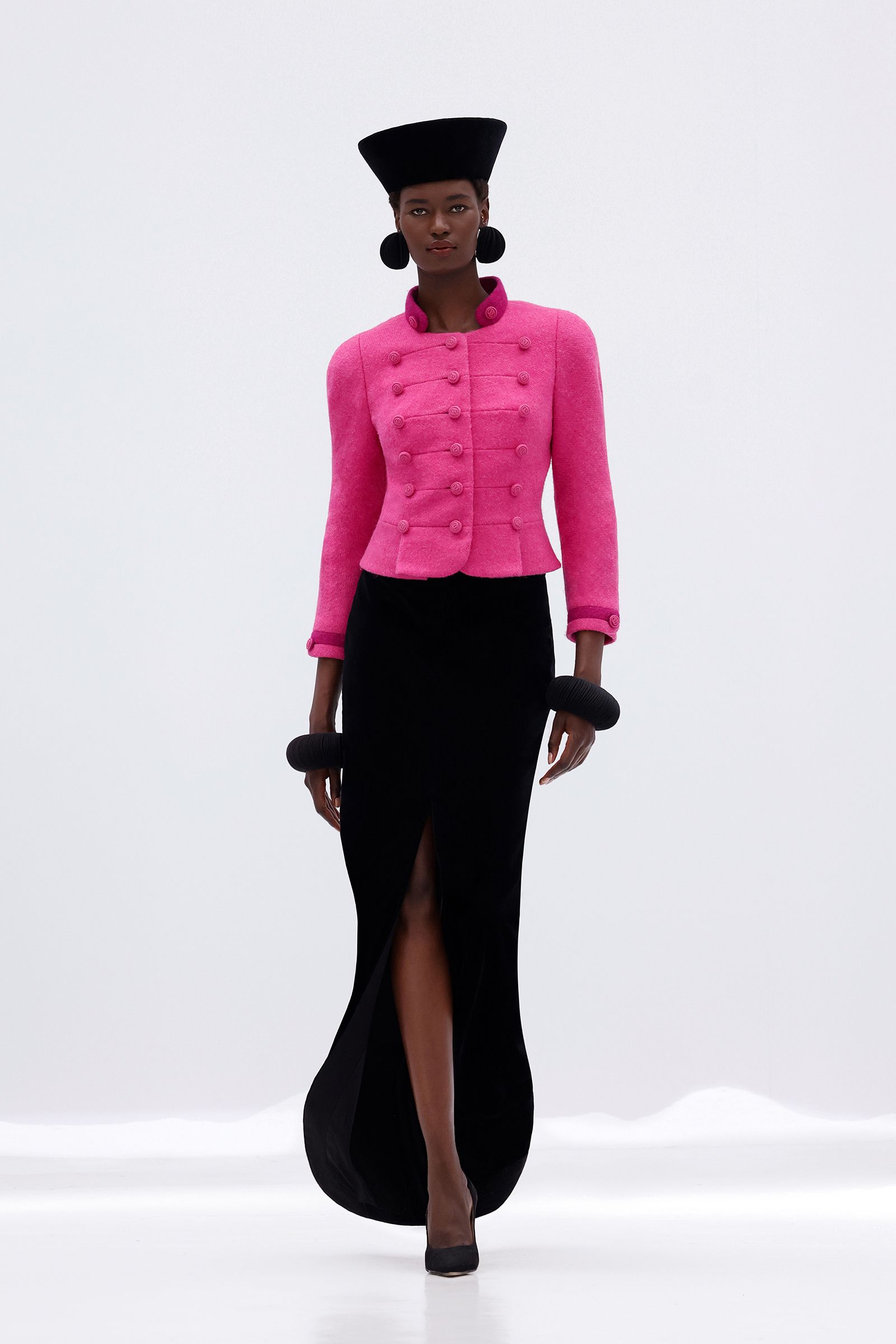 pink wool long-sleeve collared fitted buttoned jacket