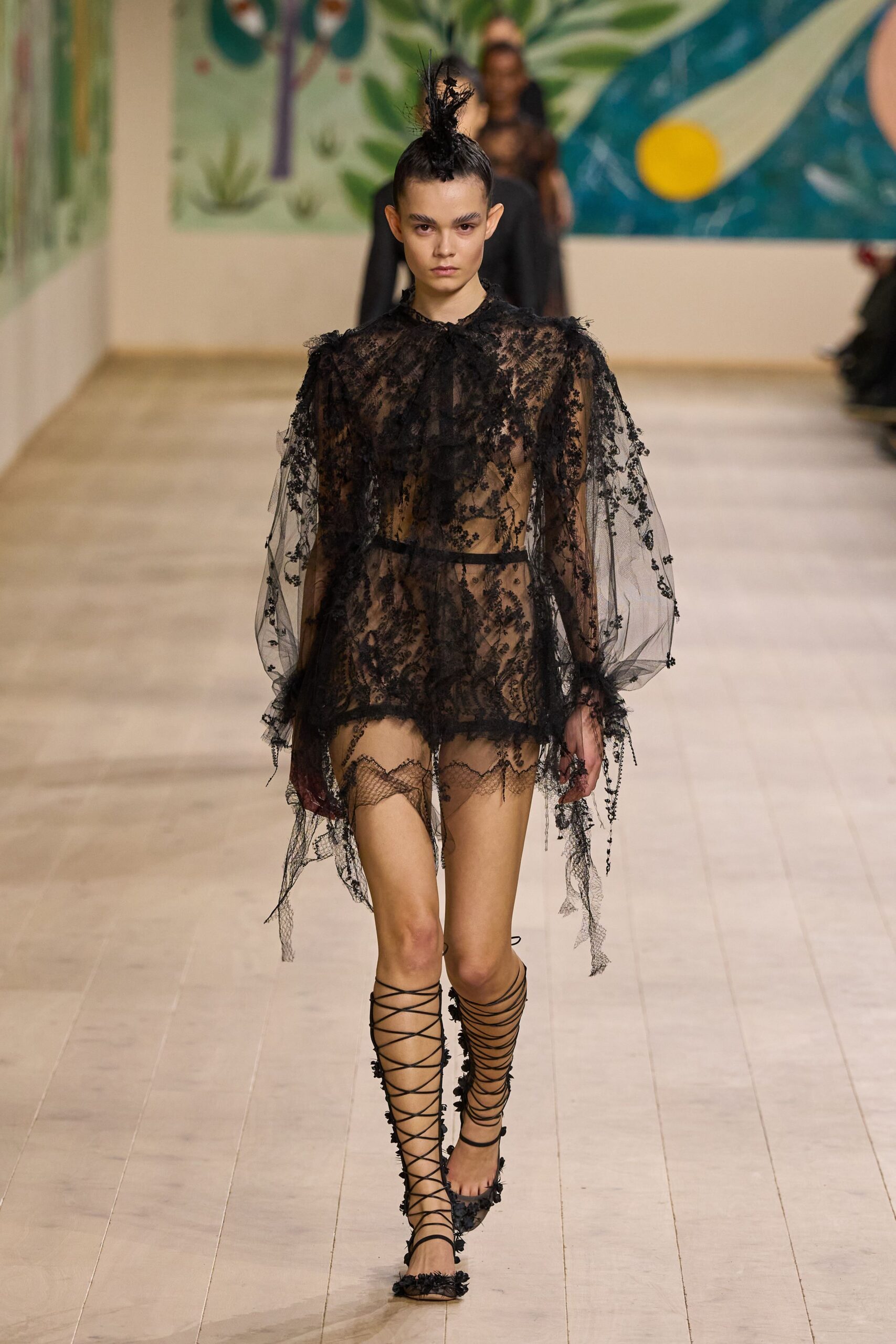 black lace long-sleeve collared fitted ruffled sheer dress