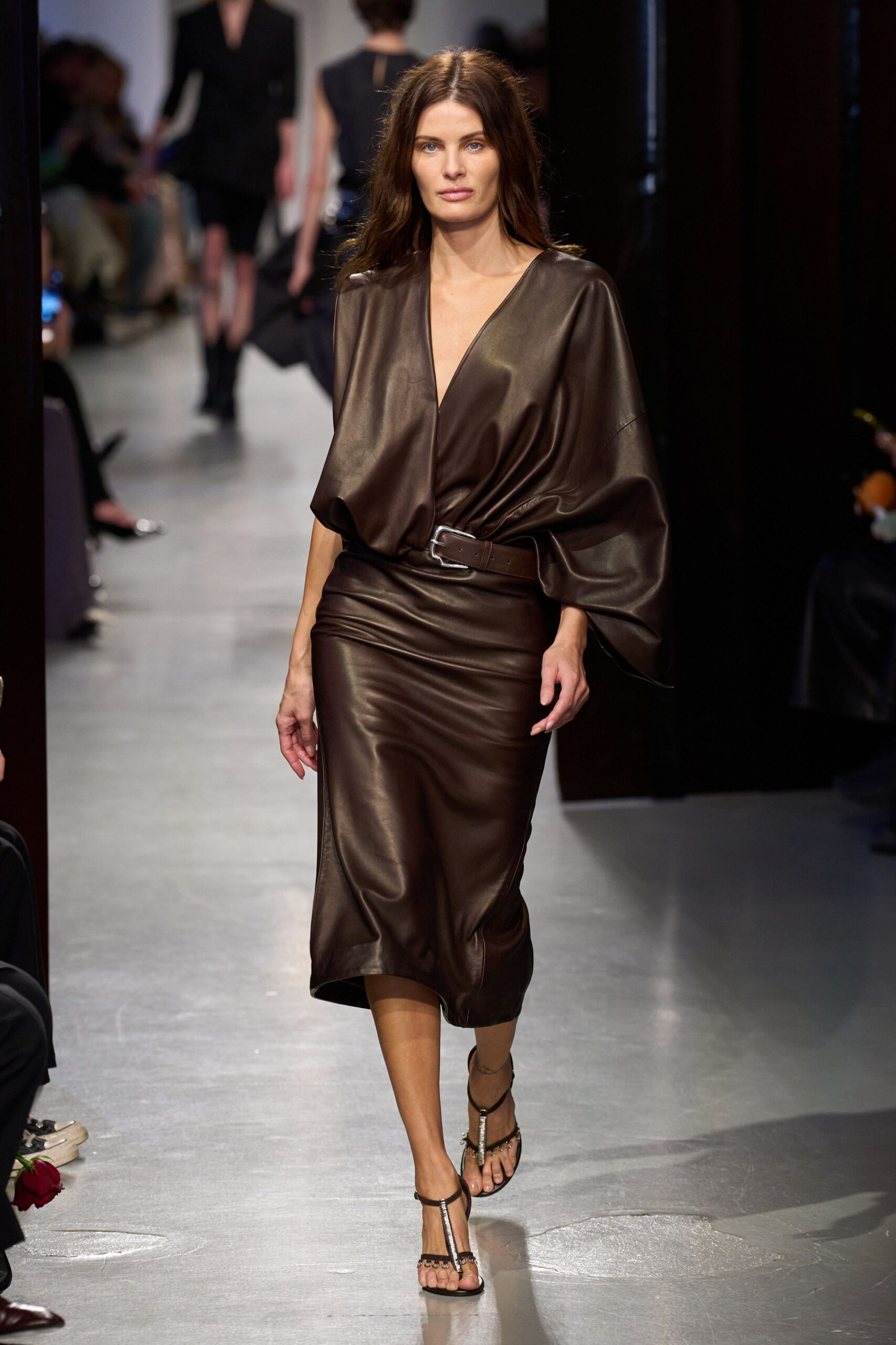 brown silk sleeveless v-neck fitted draped belted dress